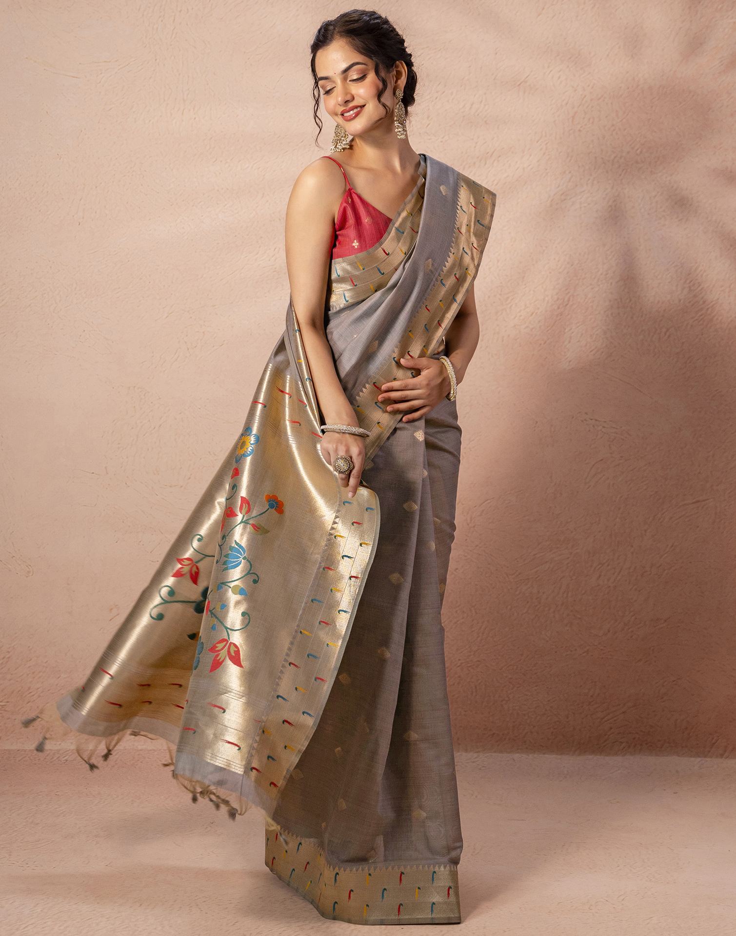 Grey Chanderi Cotton Woven Paithani Saree
