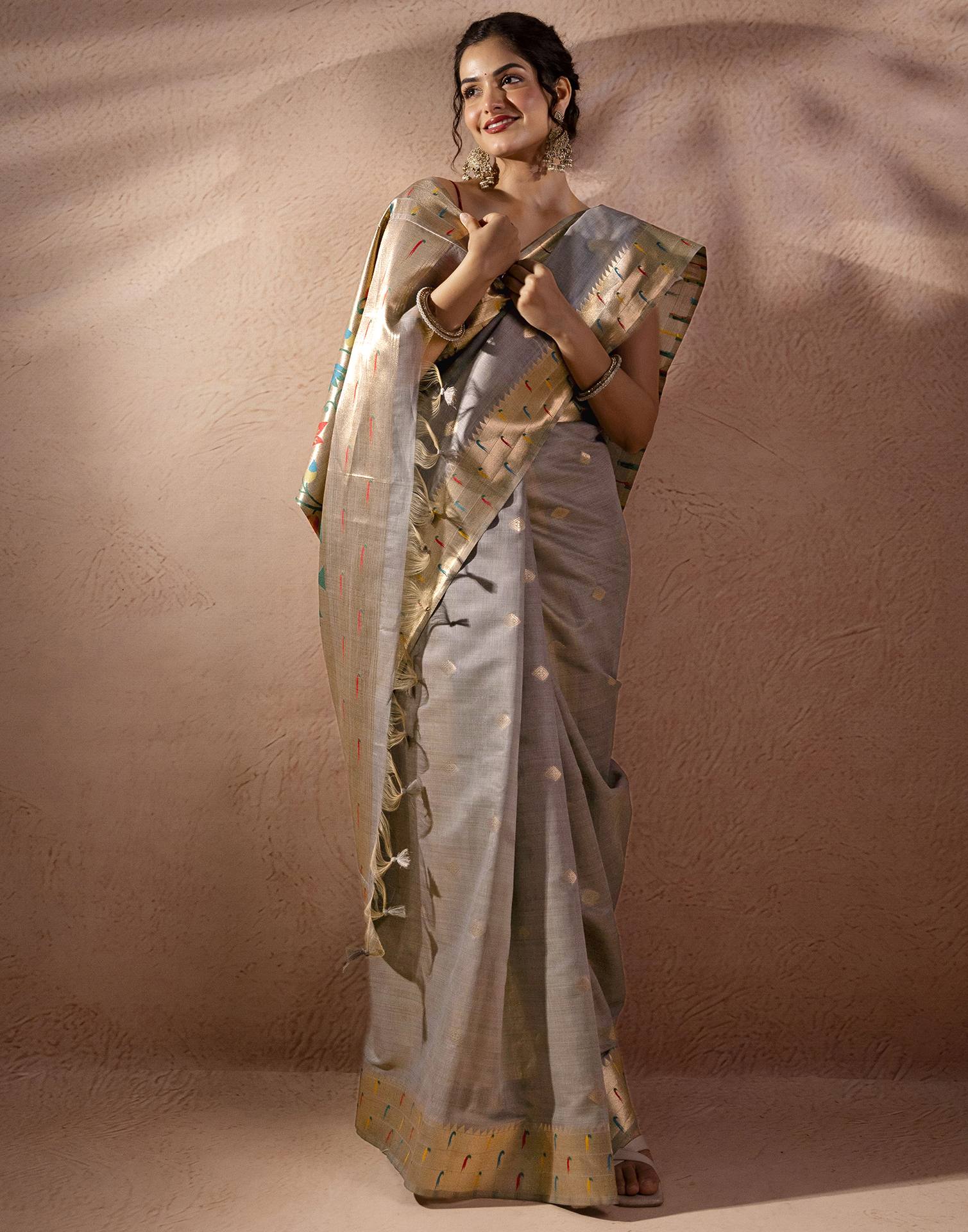 Grey Chanderi Cotton Woven Paithani Saree
