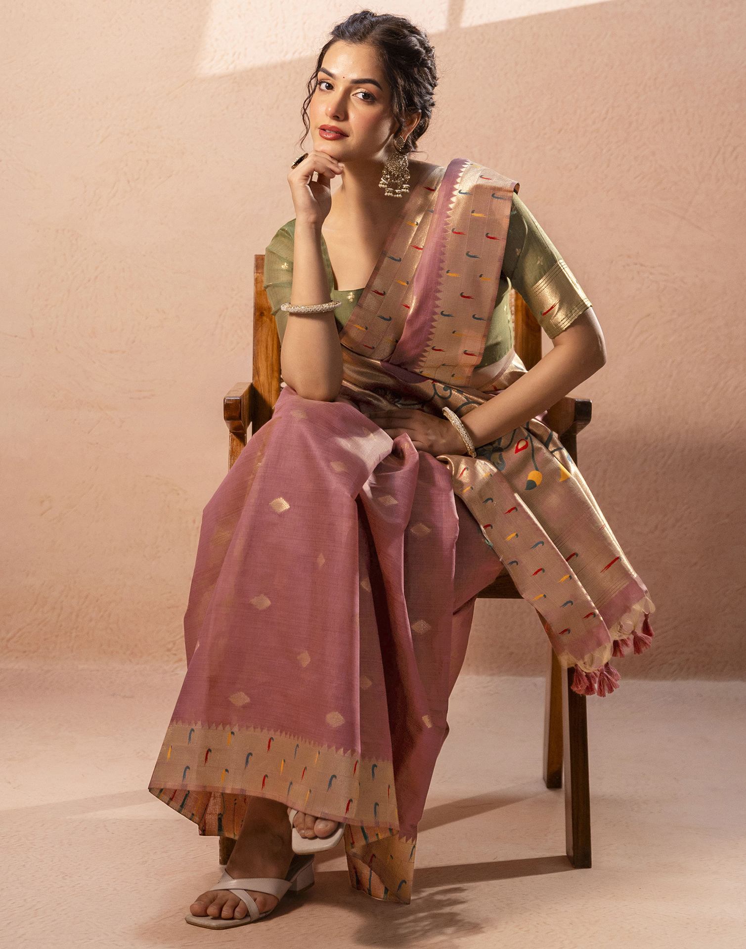 Dusty Mauve Chanderi Cotton Woven Paithani Saree