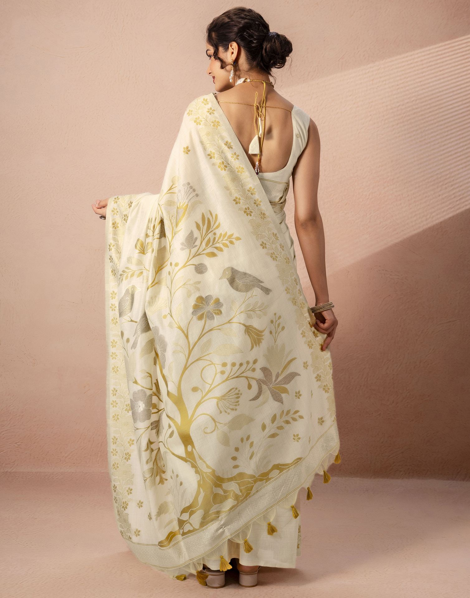 Beige Chanderi Cotton Woven Saree