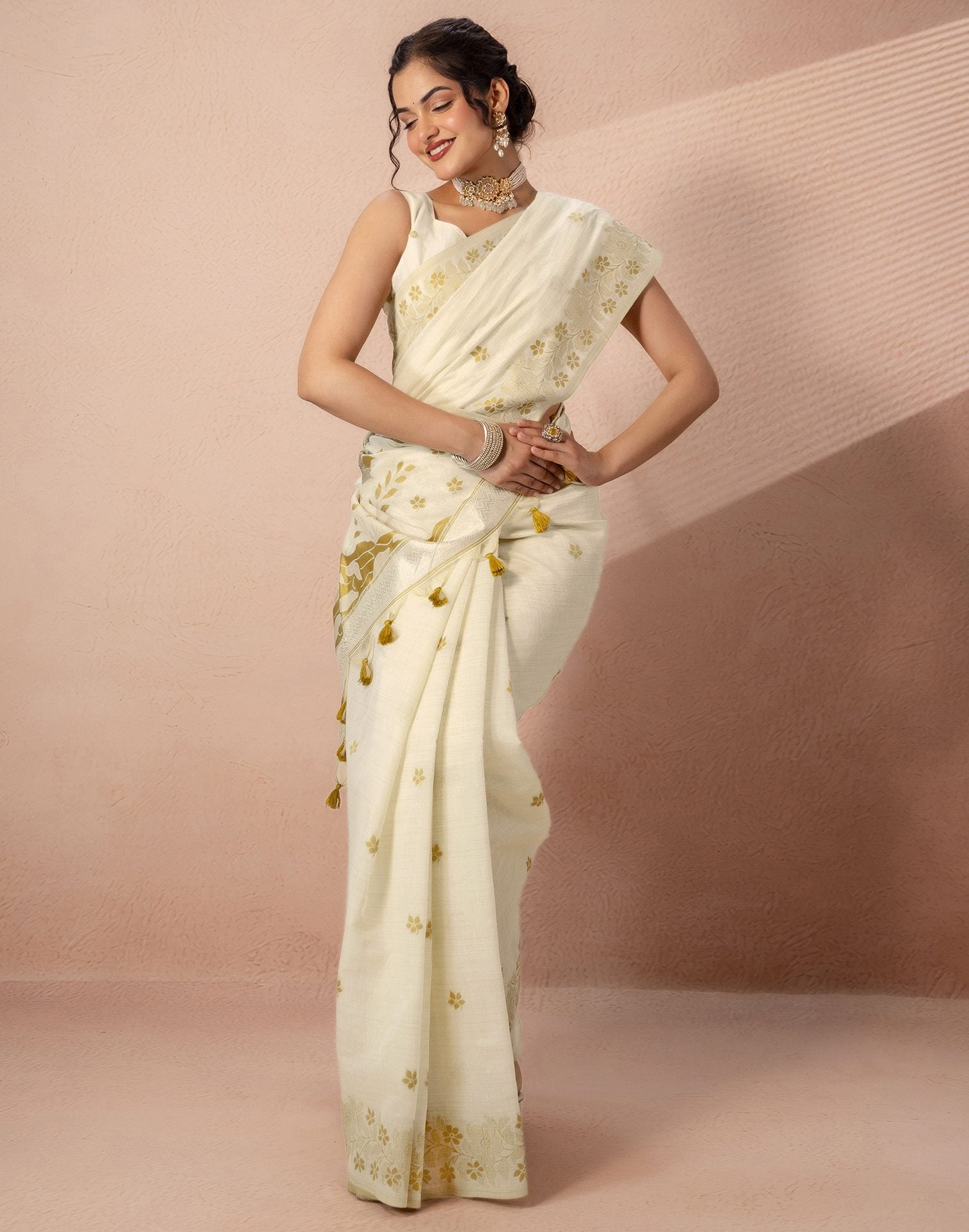Beige Chanderi Cotton Woven Saree