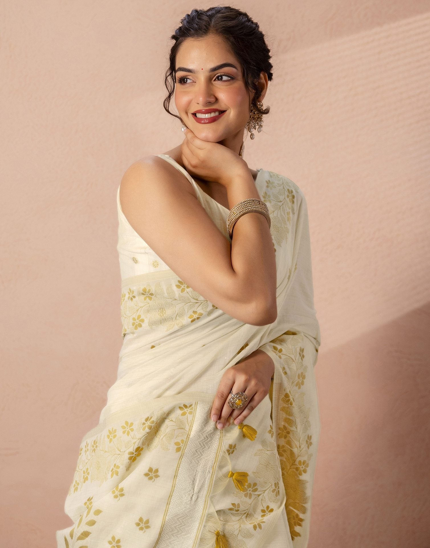 Beige Chanderi Cotton Woven Saree
