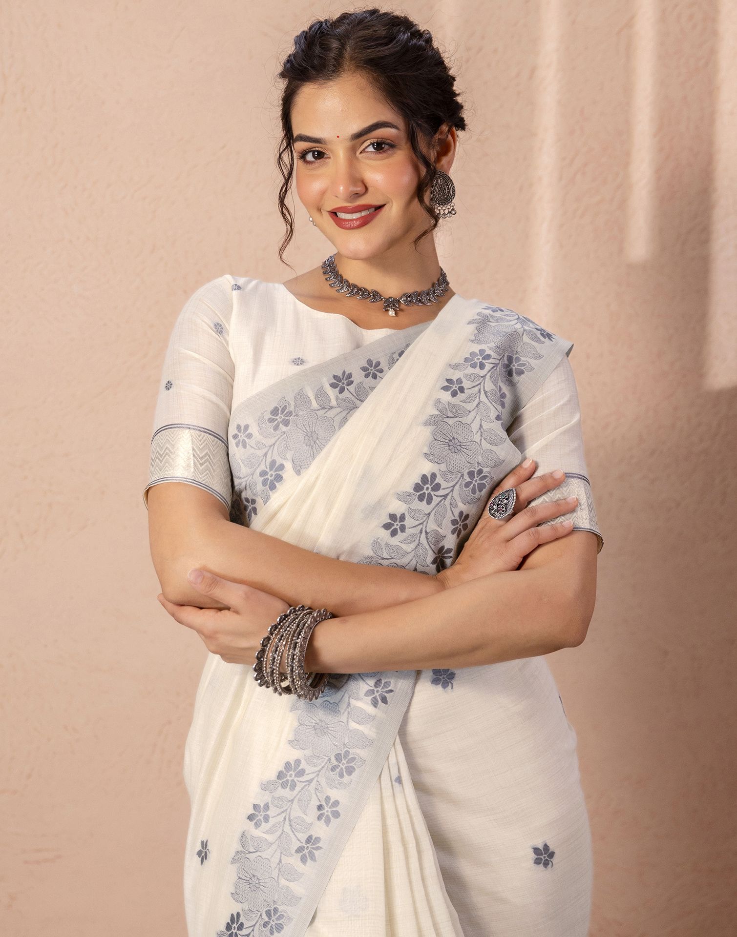 Beige Chanderi Cotton Woven Saree
