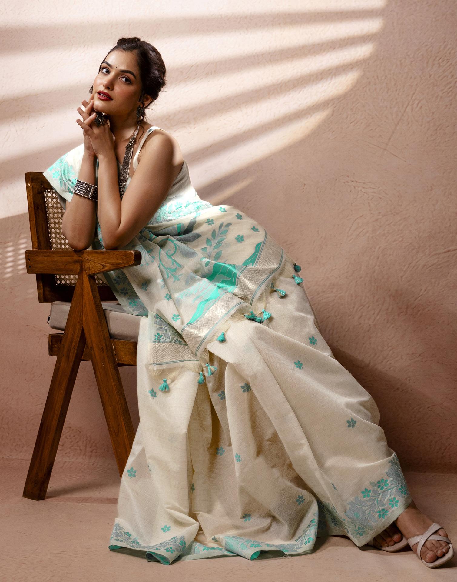 Beige Chanderi Cotton Woven Saree