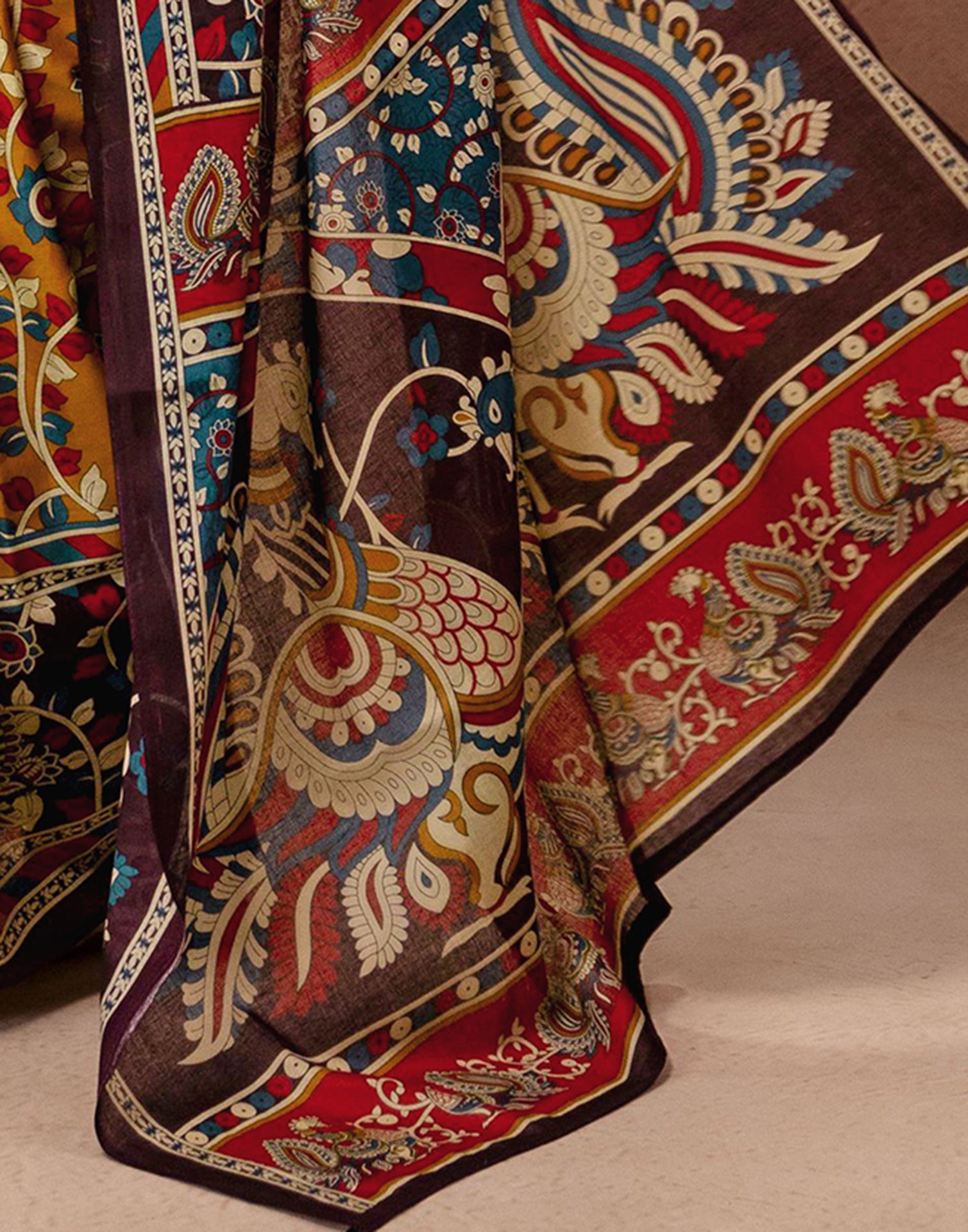 Mustard Yellow Cotton Printed Kalamkari Saree