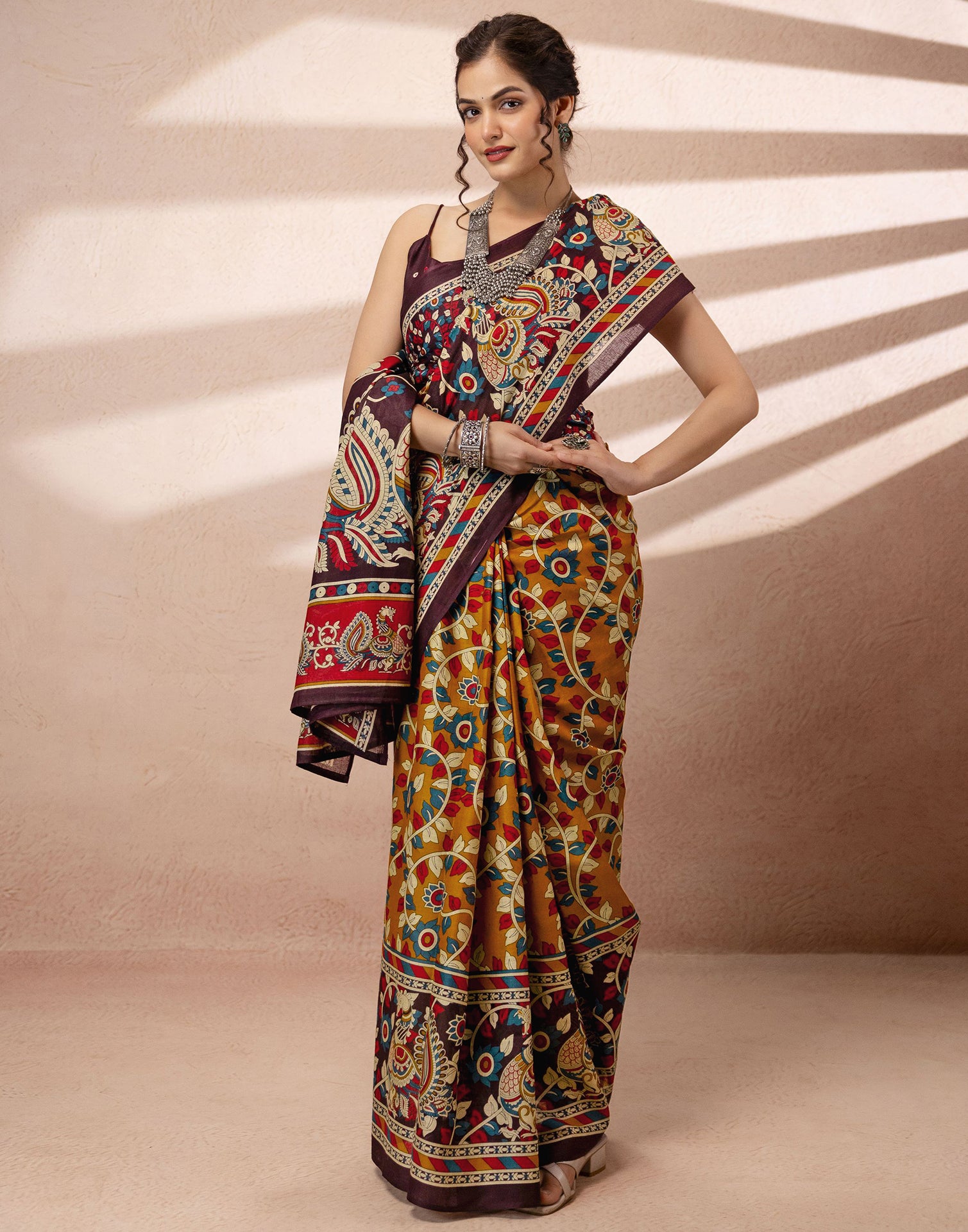 Mustard Yellow Cotton Printed Kalamkari Saree