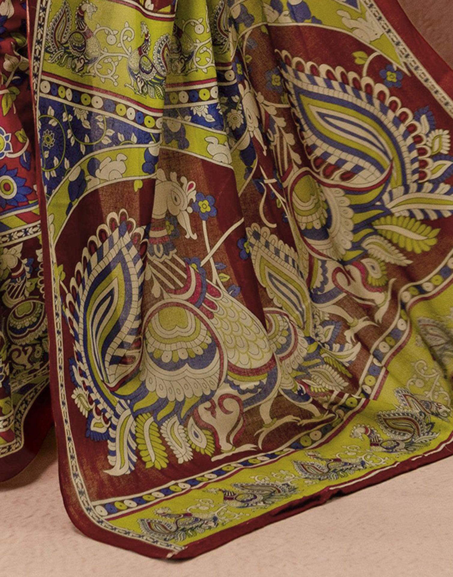 Dark Pink Cotton Printed Kalamkari Saree