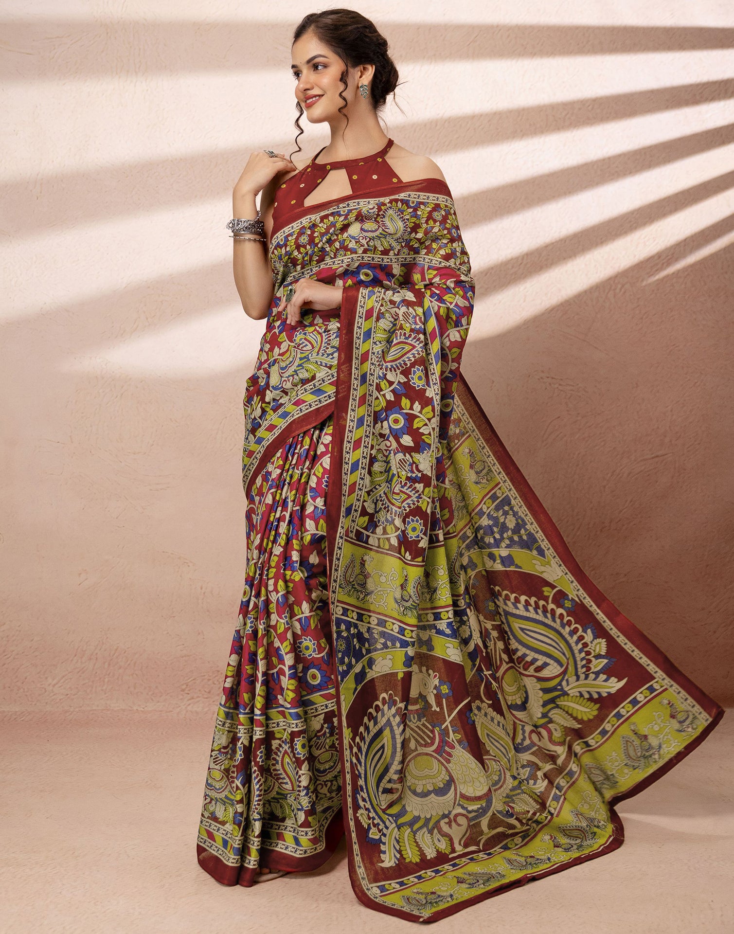 Dark Pink Cotton Printed Kalamkari Saree