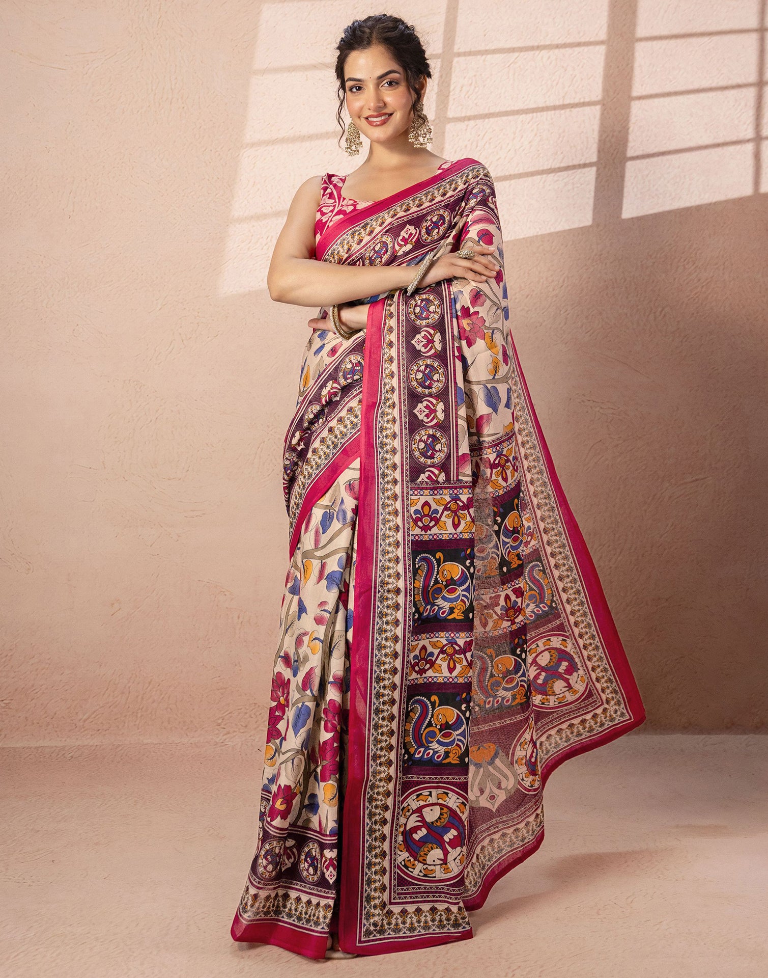 Beige Cotton Printed Kalamkari Saree