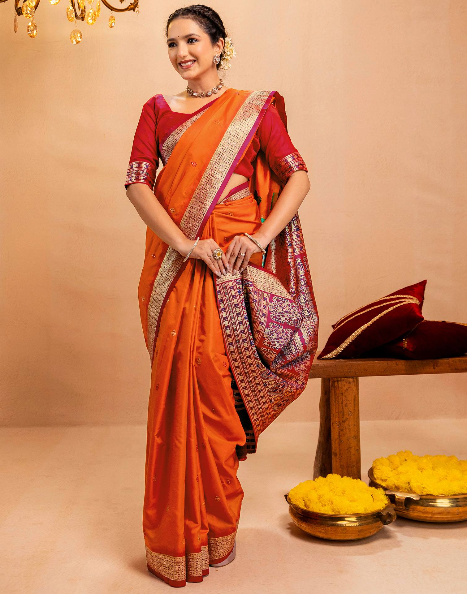Orange Silk Woven Banarasi Saree