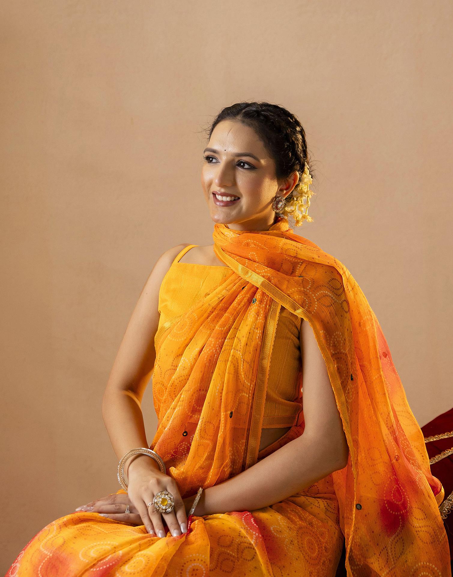 Yellow Chiffon Mirror Work Bandhani Printed Saree