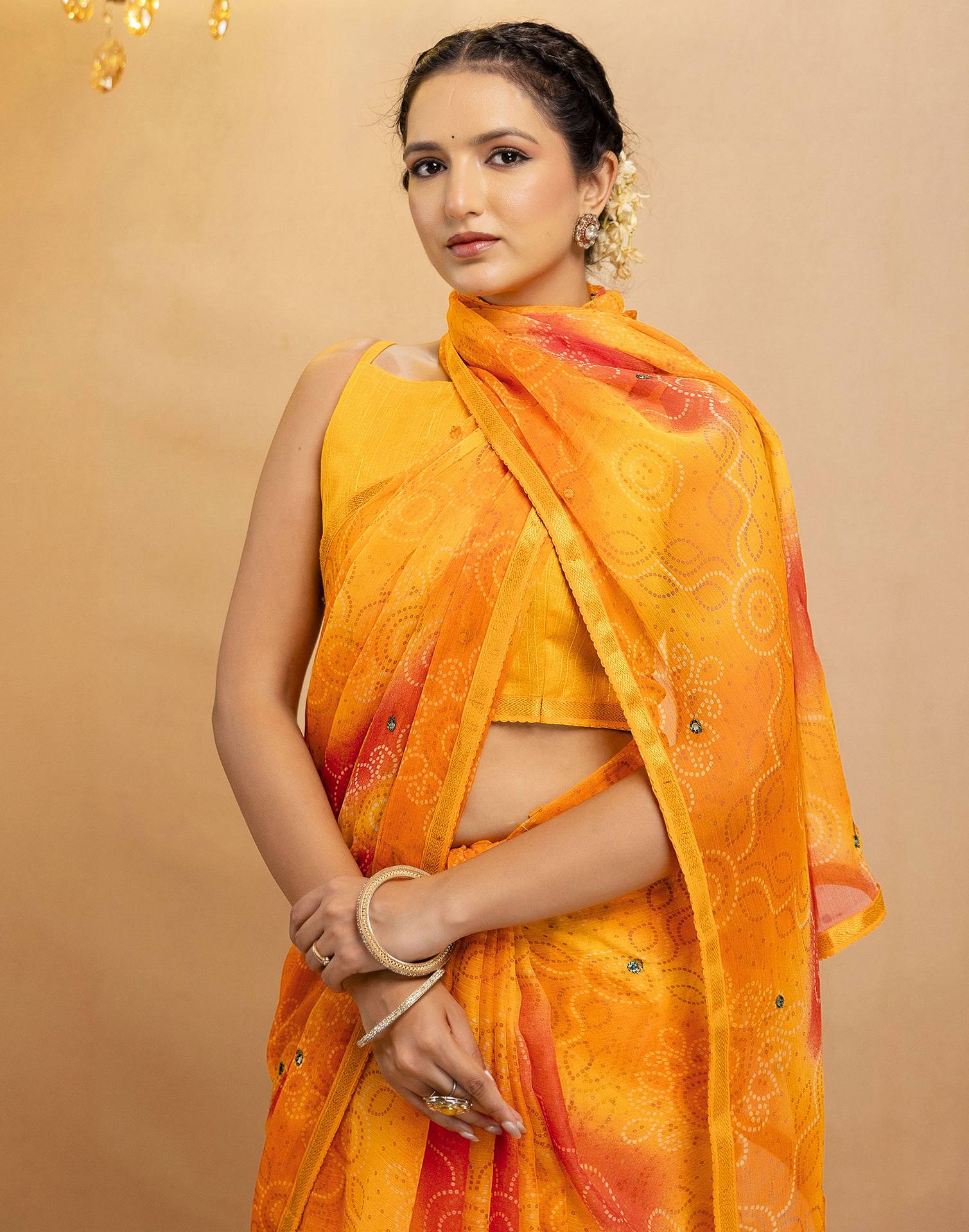 Yellow Chiffon Mirror Work Bandhani Printed Saree