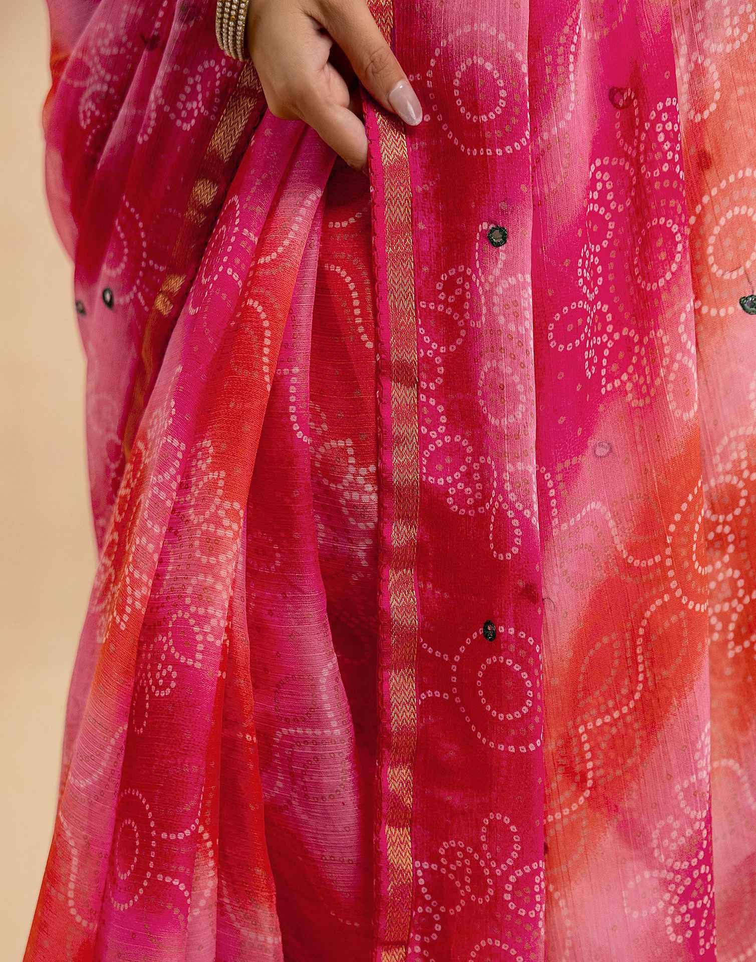 Pink Chiffon Mirror Work Bandhani Printed Saree