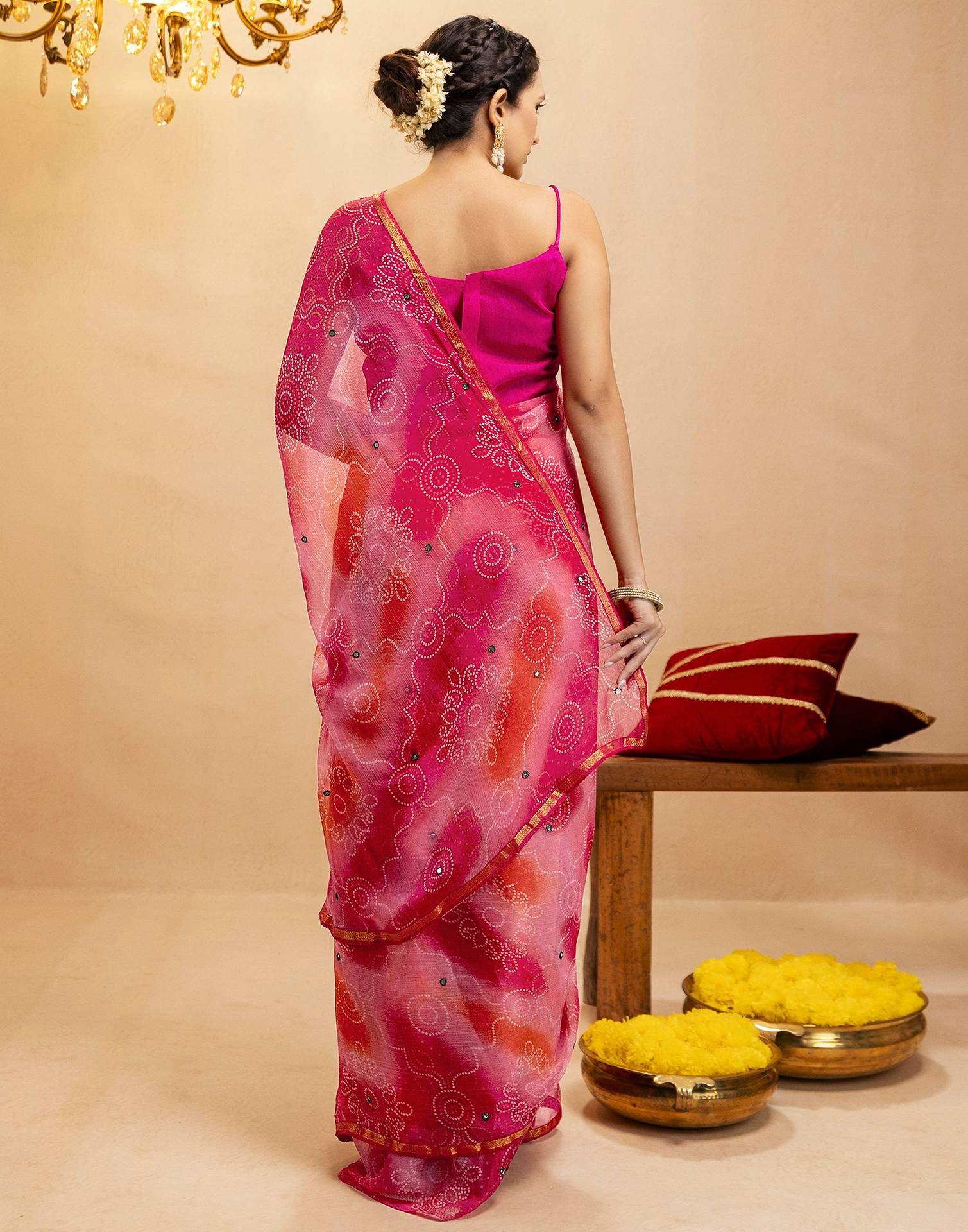 Pink Chiffon Mirror Work Bandhani Printed Saree