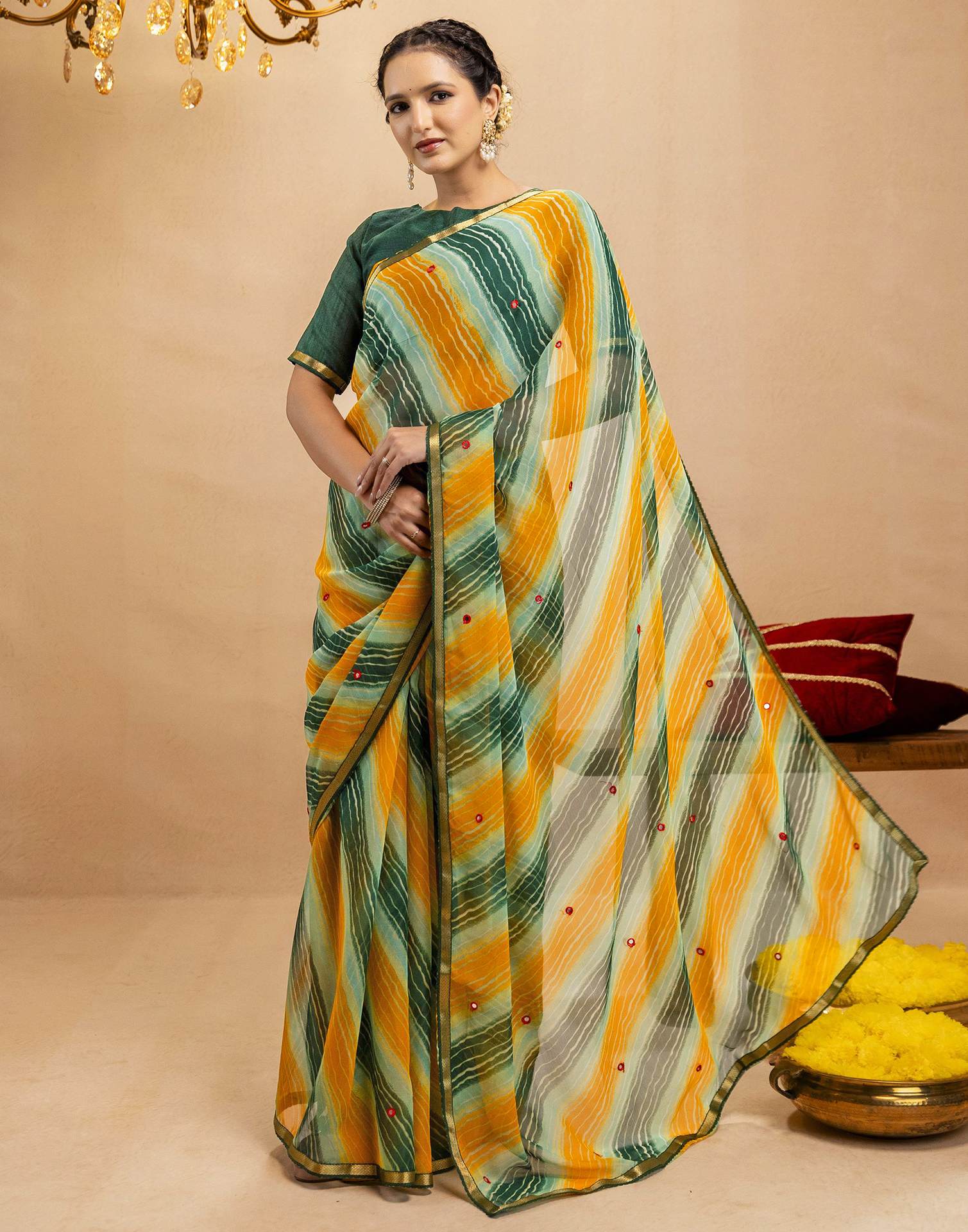 Dark Green Chiffon Mirror Work Laheria Printed Saree