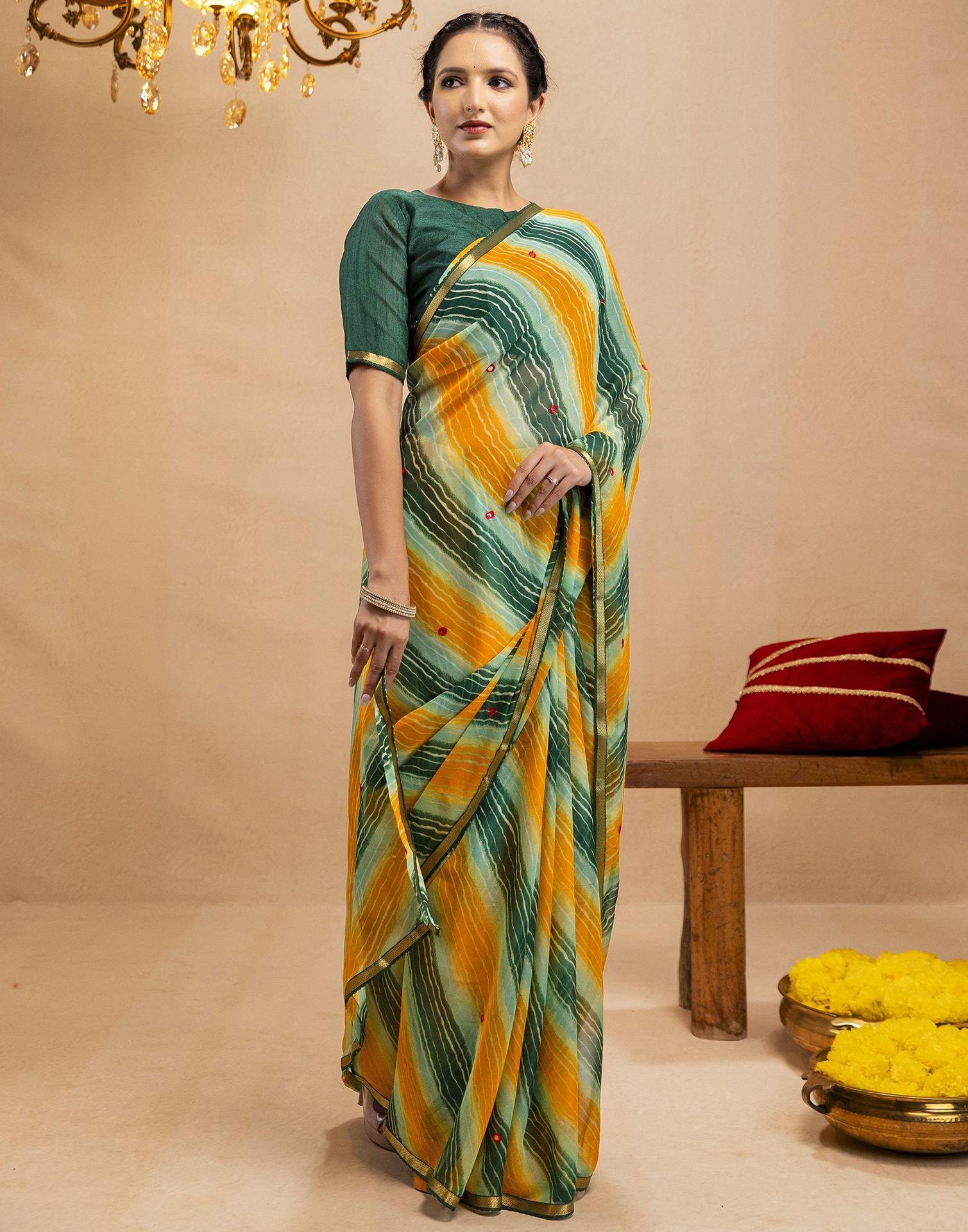 Dark Green Chiffon Mirror Work Laheria Printed Saree