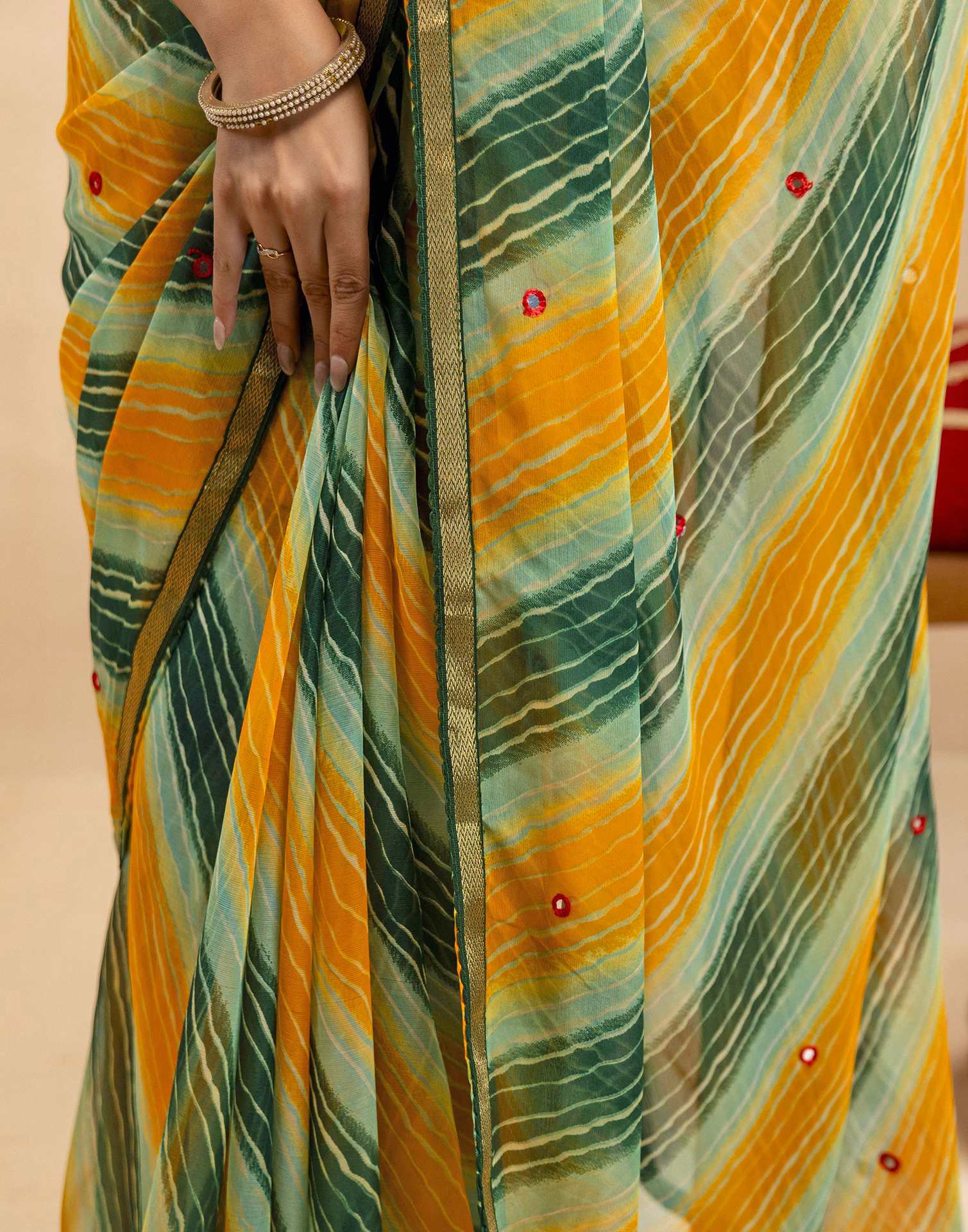 Dark Green Chiffon Mirror Work Laheria Printed Saree