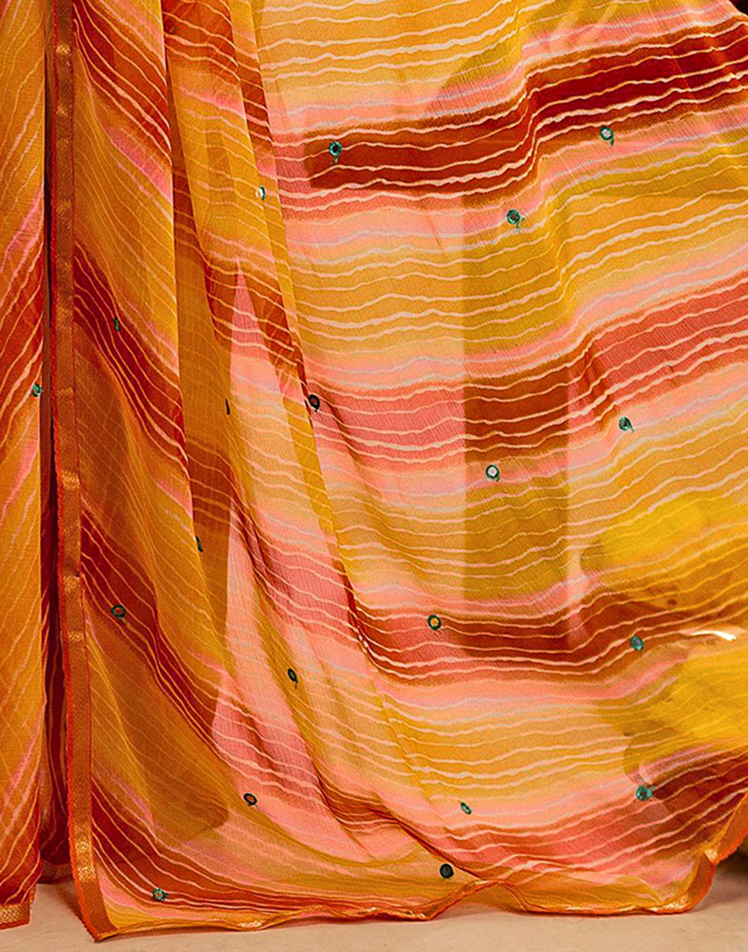 Orange Chiffon Mirror Work Laheria Printed Saree