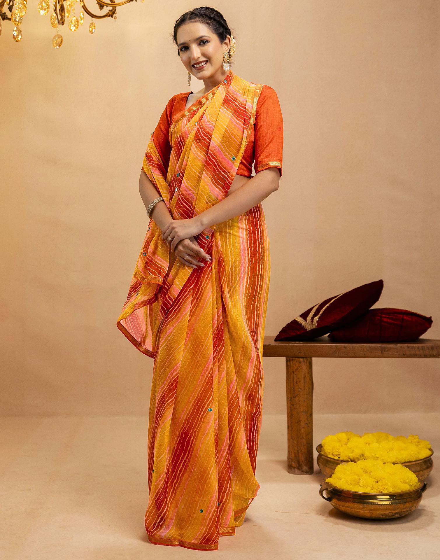 Orange Chiffon Mirror Work Laheria Printed Saree