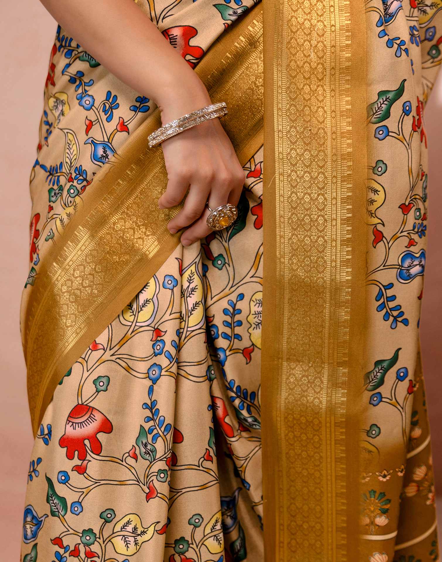 Dark Beige Silk Kalamkari Printed Woven Border Saree