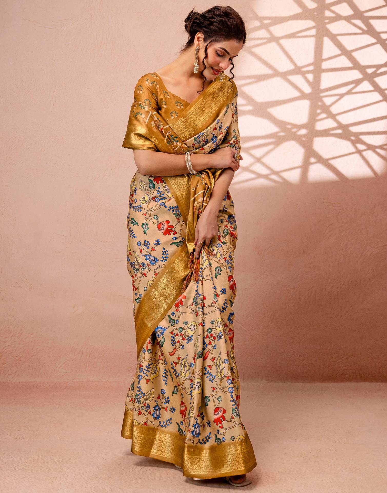 Dark Beige Silk Kalamkari Printed Woven Border Saree