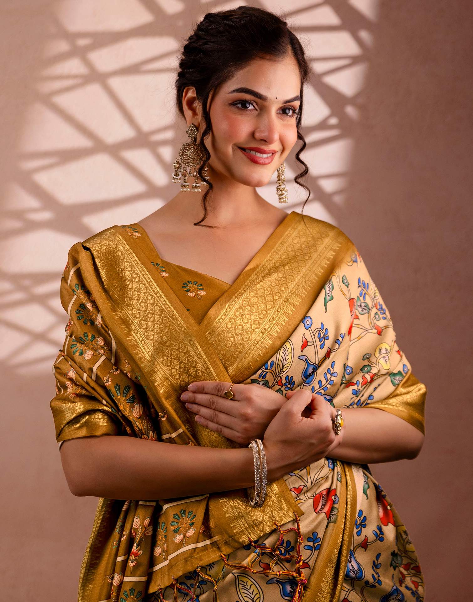 Dark Beige Silk Kalamkari Printed Woven Border Saree