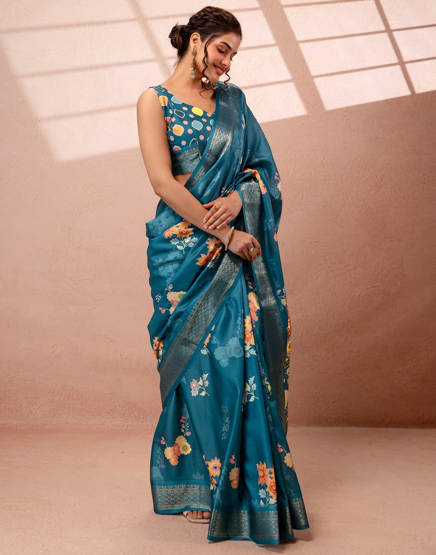 Teal Blue Silk Floral Printed Woven Border Saree