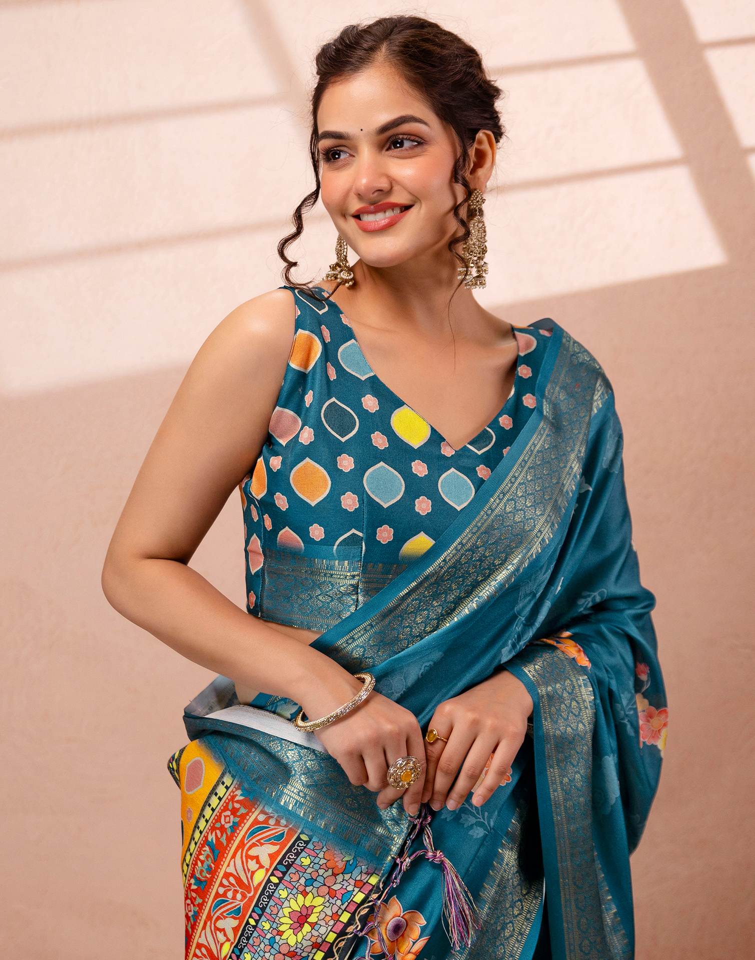Teal Blue Silk Floral Printed Woven Border Saree