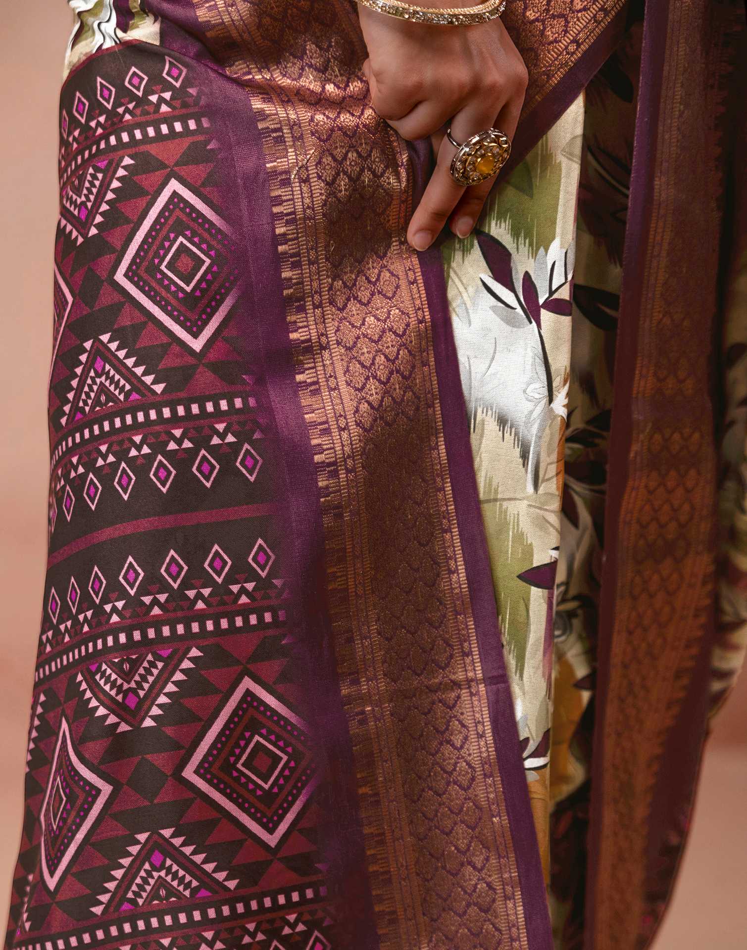 Dusty Beige Silk Printed Woven Border Saree