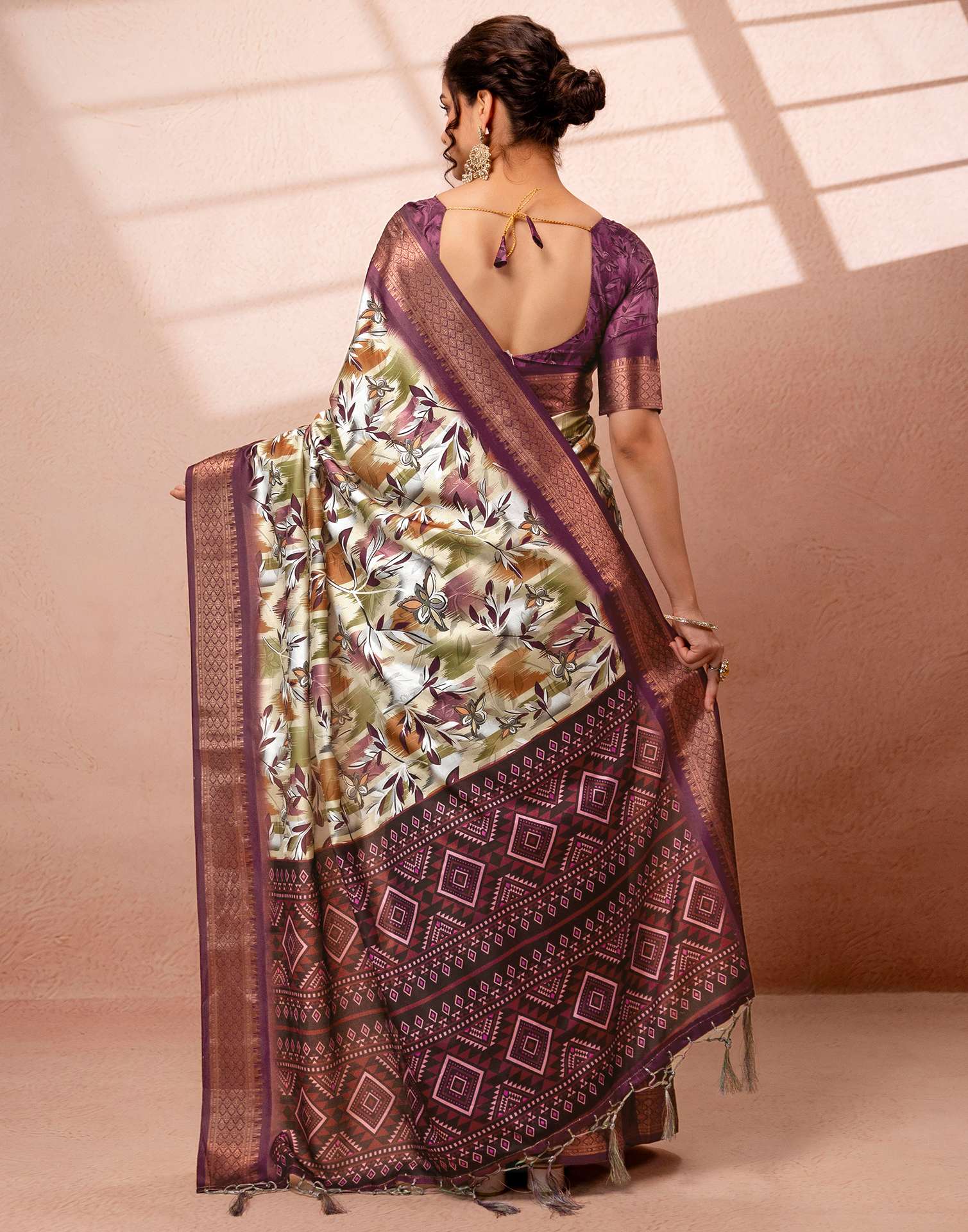 Dusty Beige Silk Printed Woven Border Saree