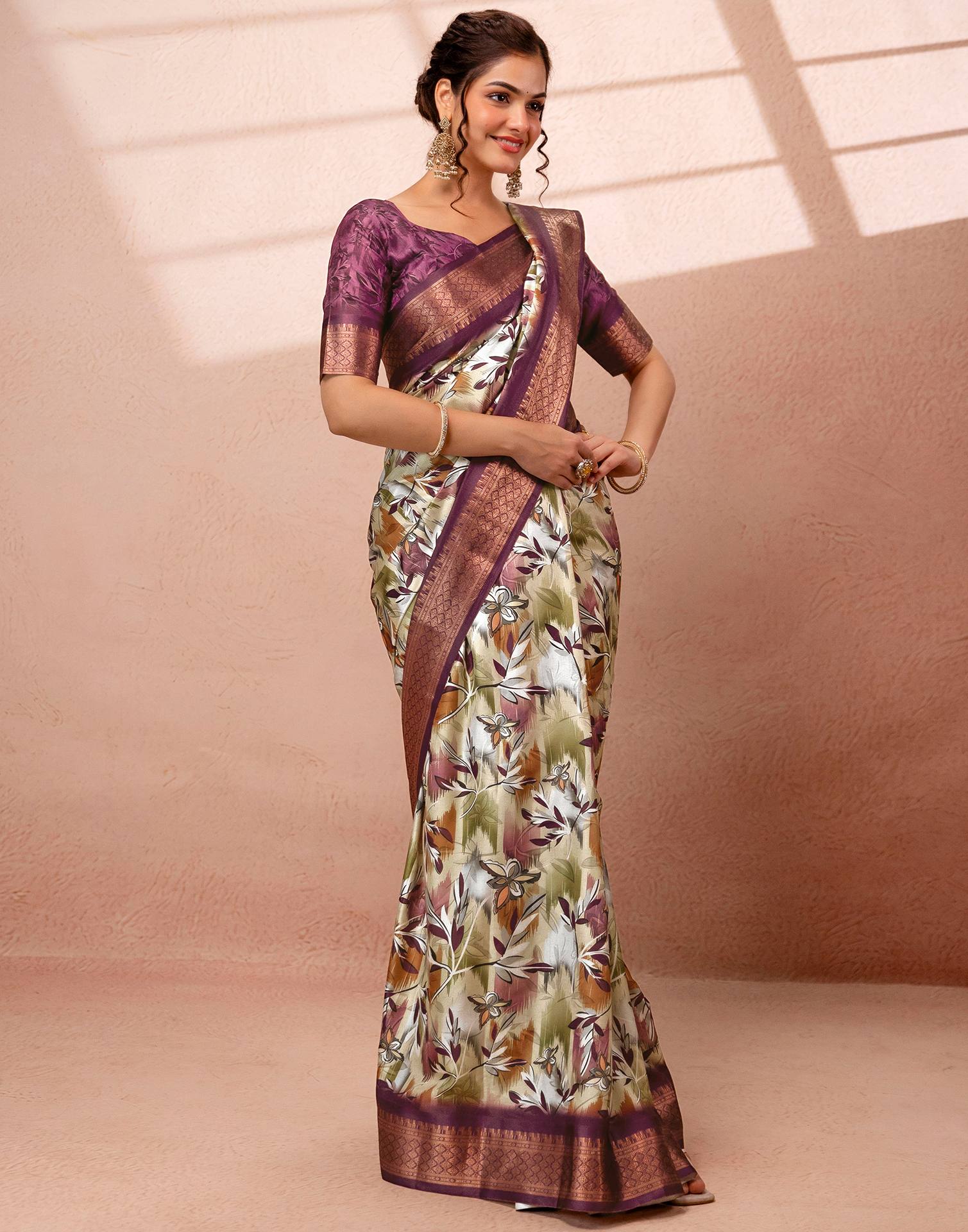 Dusty Beige Silk Printed Woven Border Saree