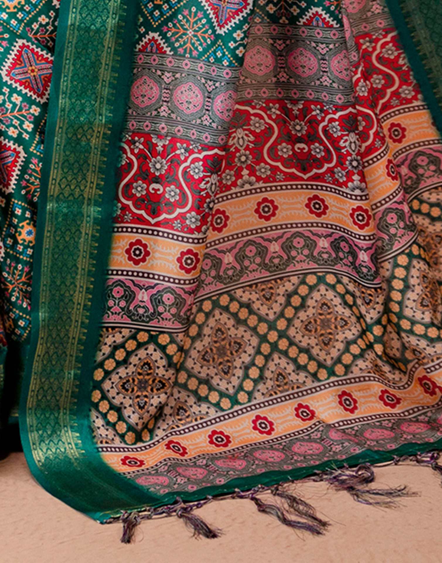 Teal Green Silk Printed Woven Border Saree