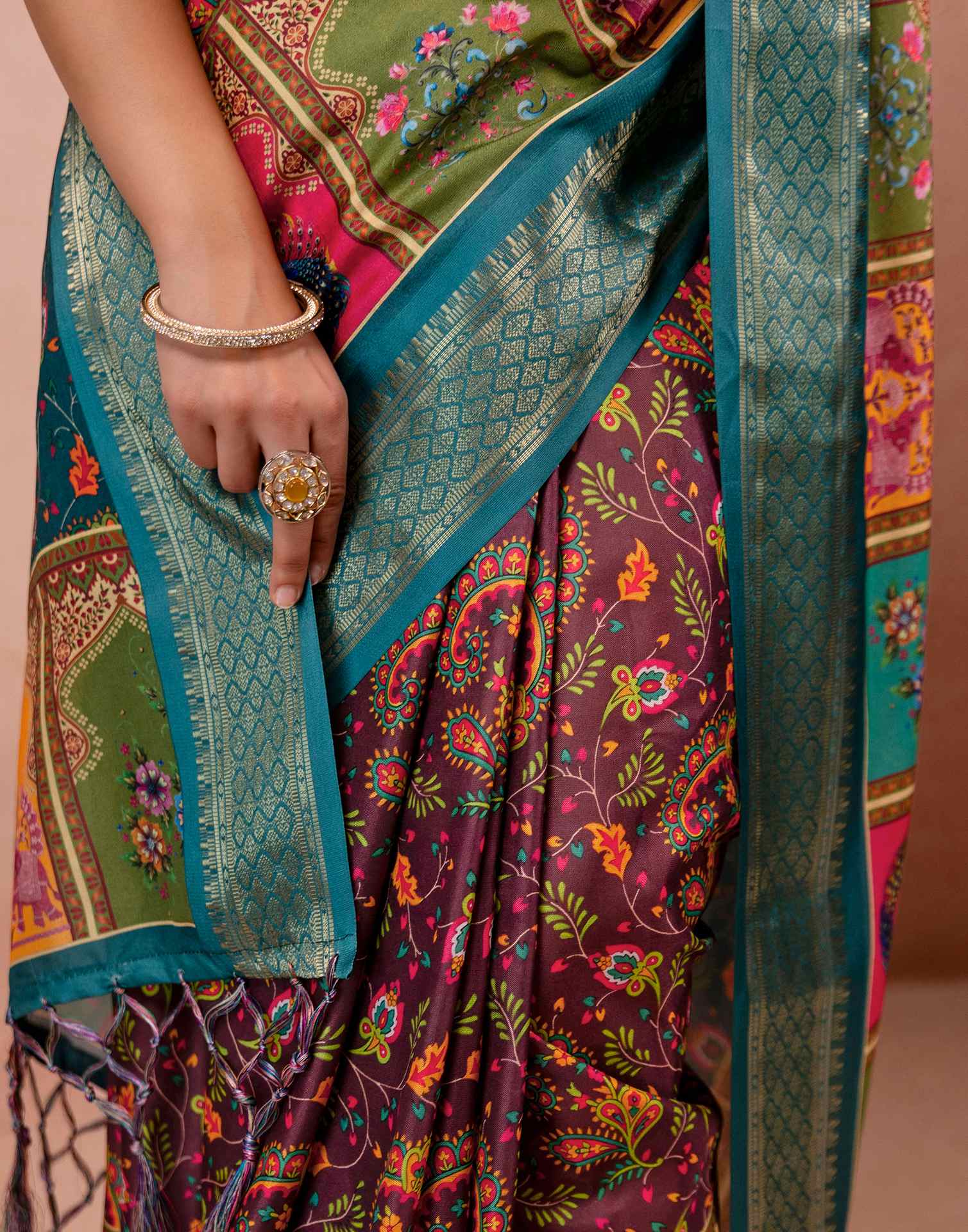 Brown Silk Kalamkari Printed Woven Border Saree