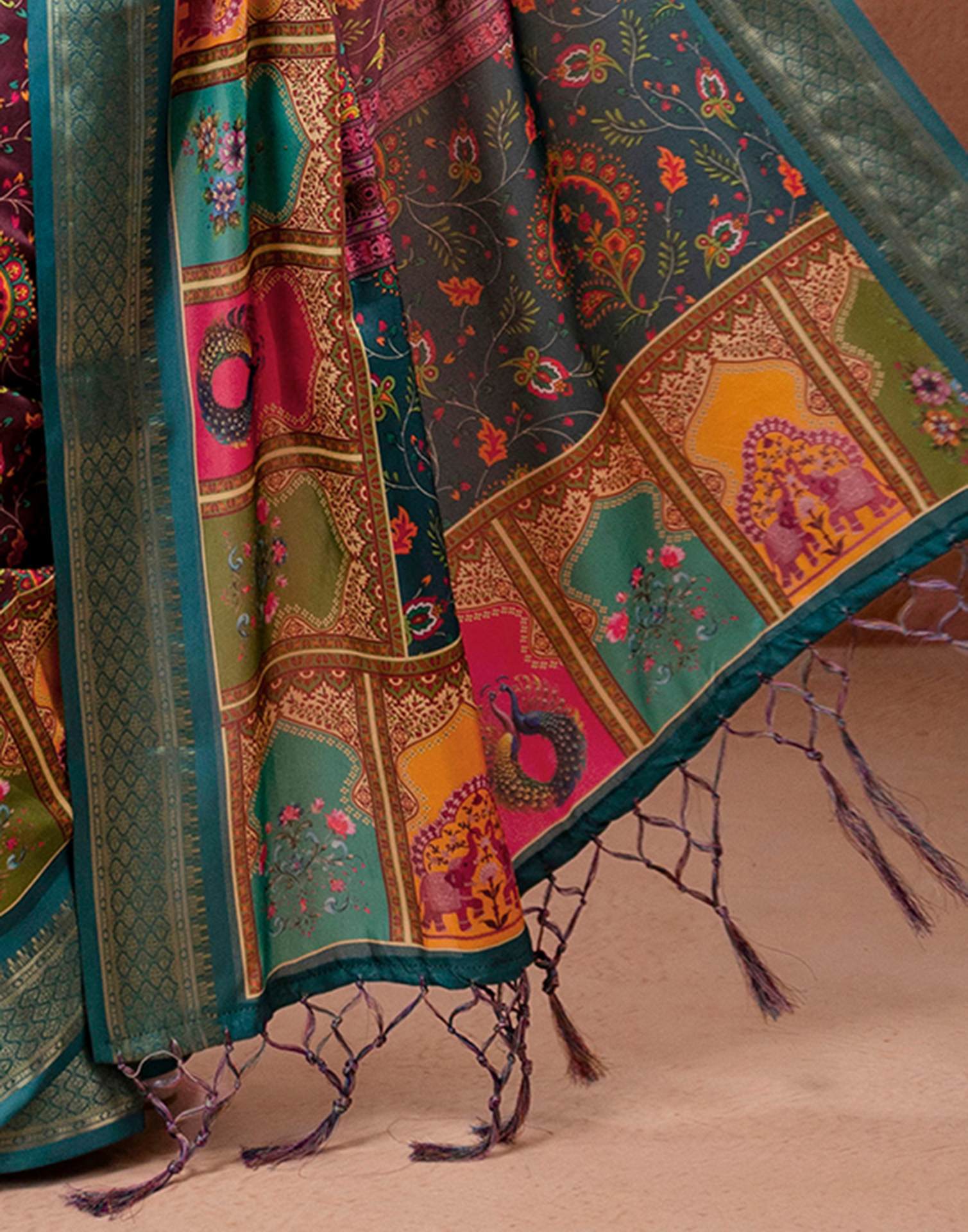 Brown Silk Kalamkari Printed Woven Border Saree