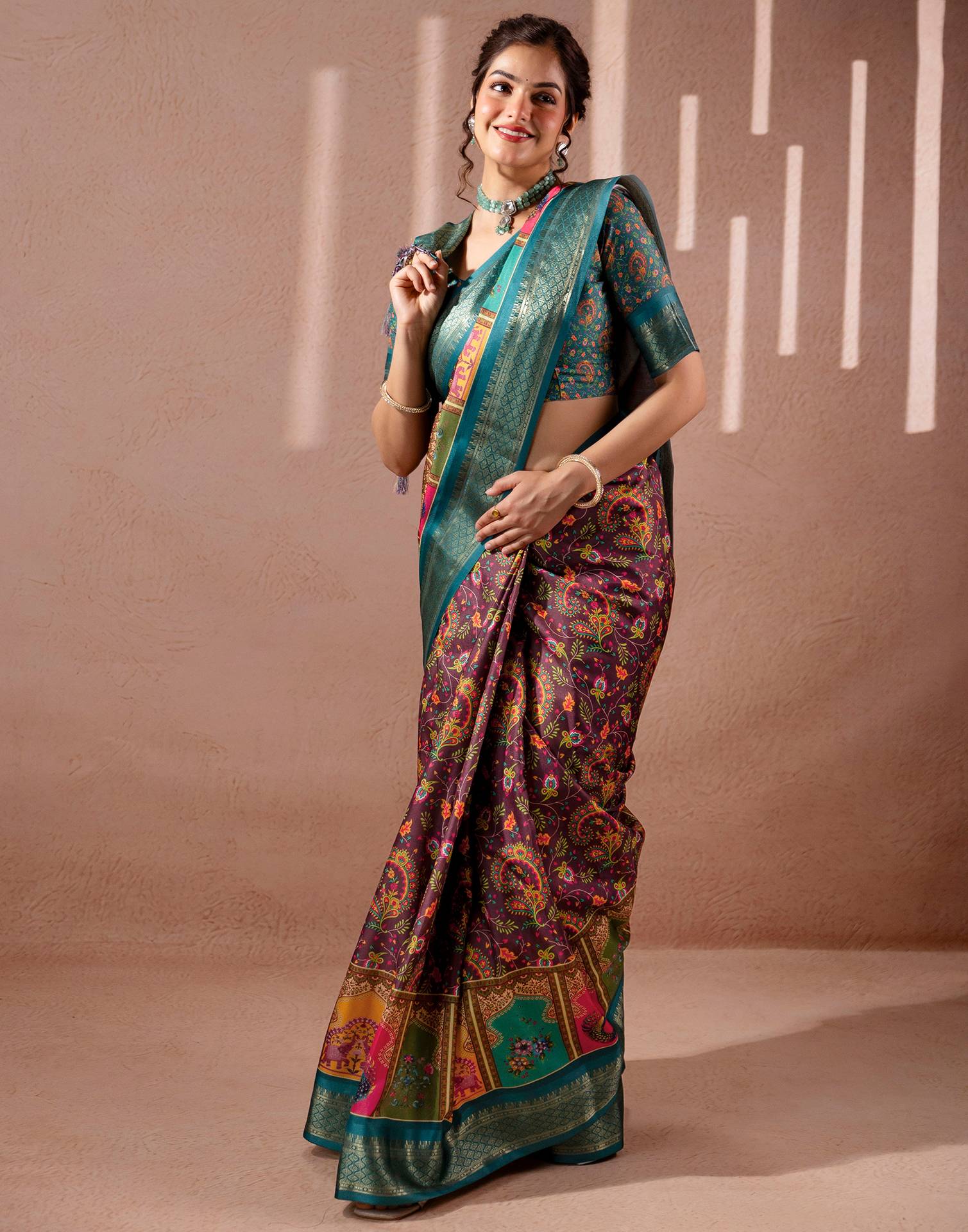 Brown Silk Kalamkari Printed Woven Border Saree
