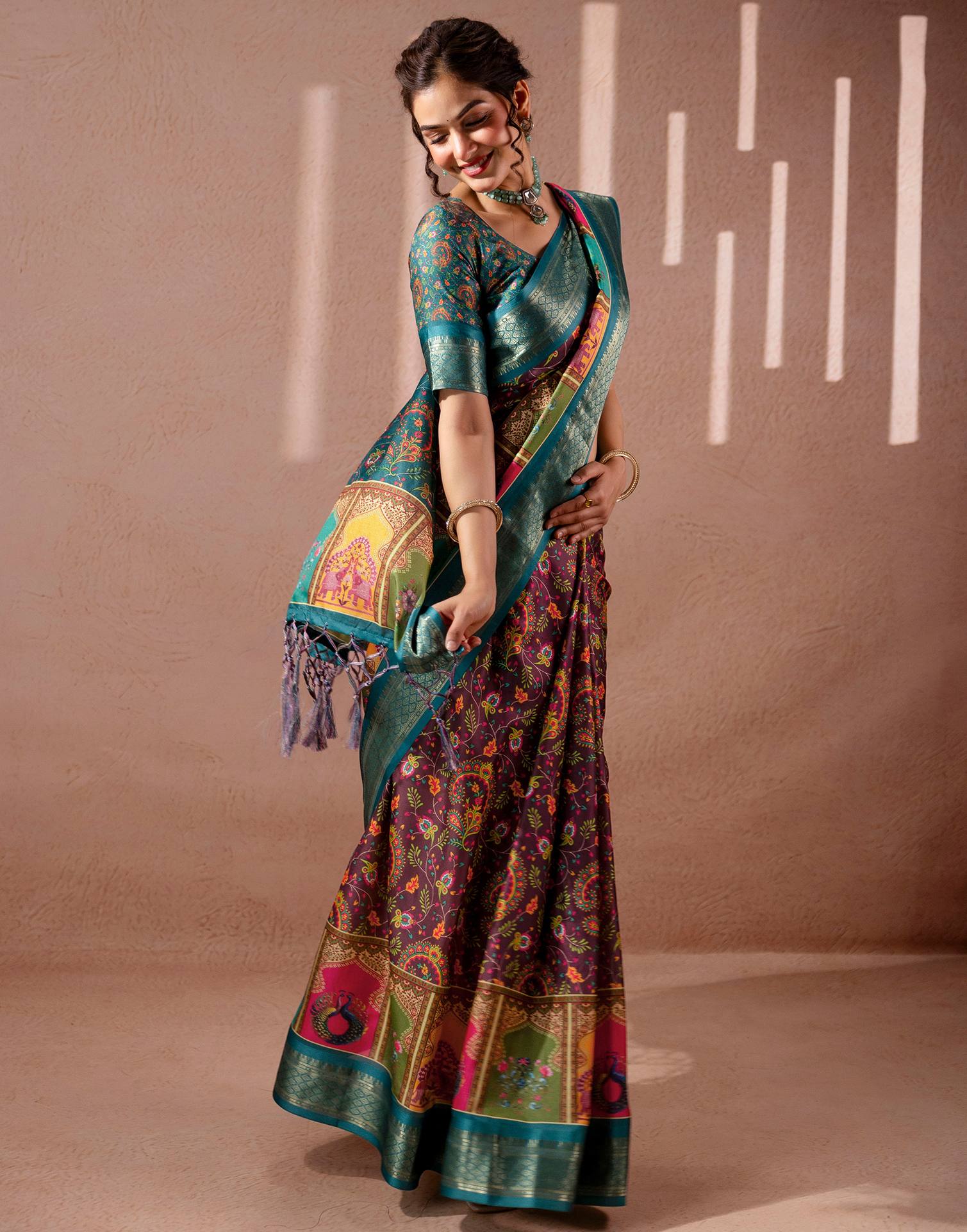 Brown Silk Kalamkari Printed Woven Border Saree