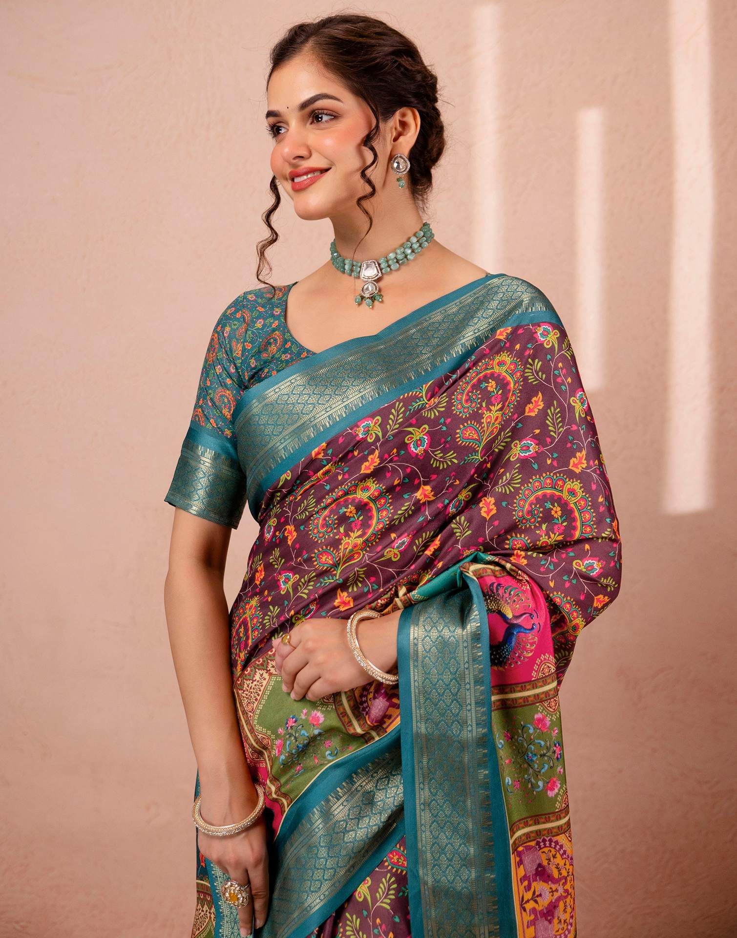 Brown Silk Kalamkari Printed Woven Border Saree