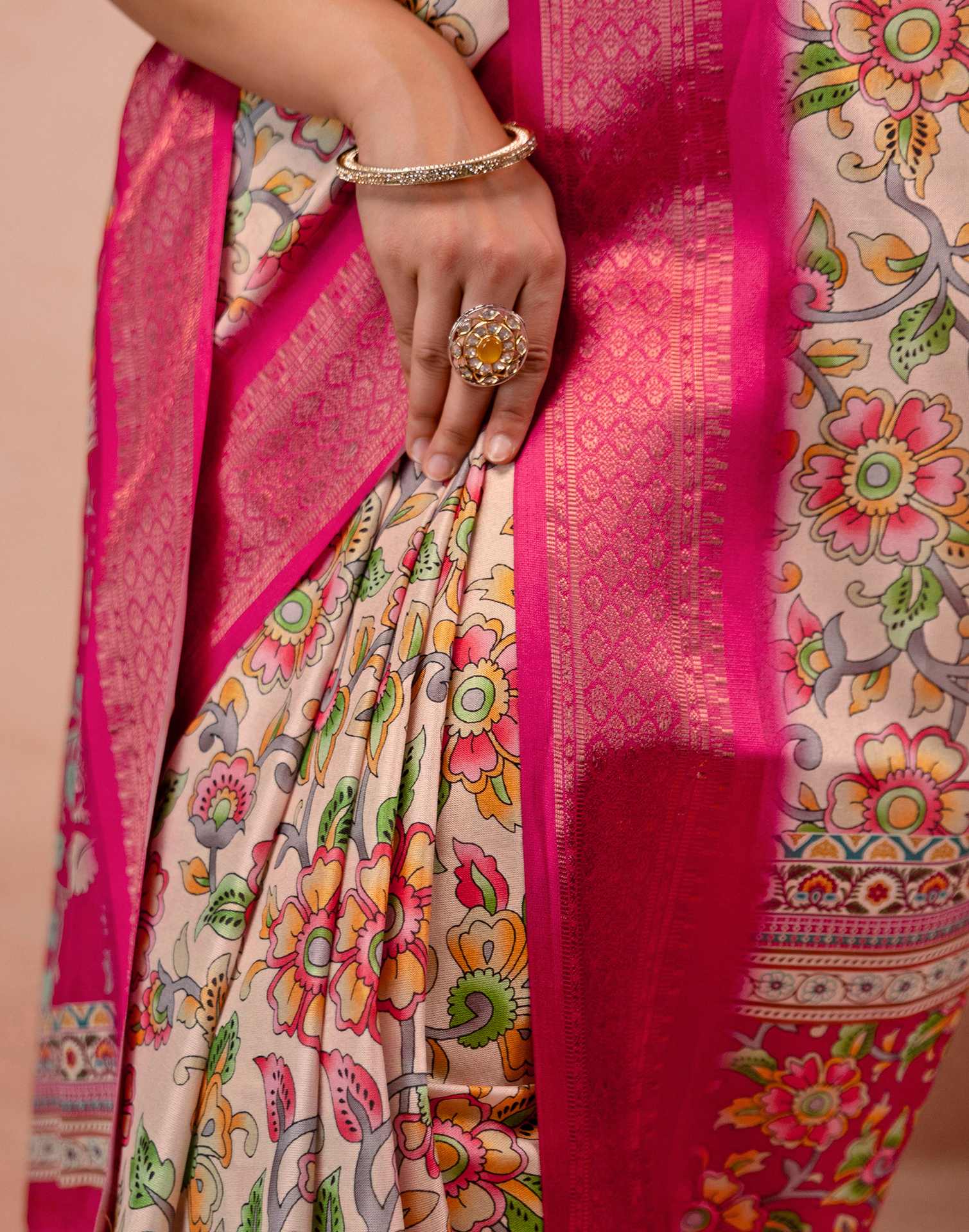 Beige Silk Kalamkari Printed Woven Border Saree