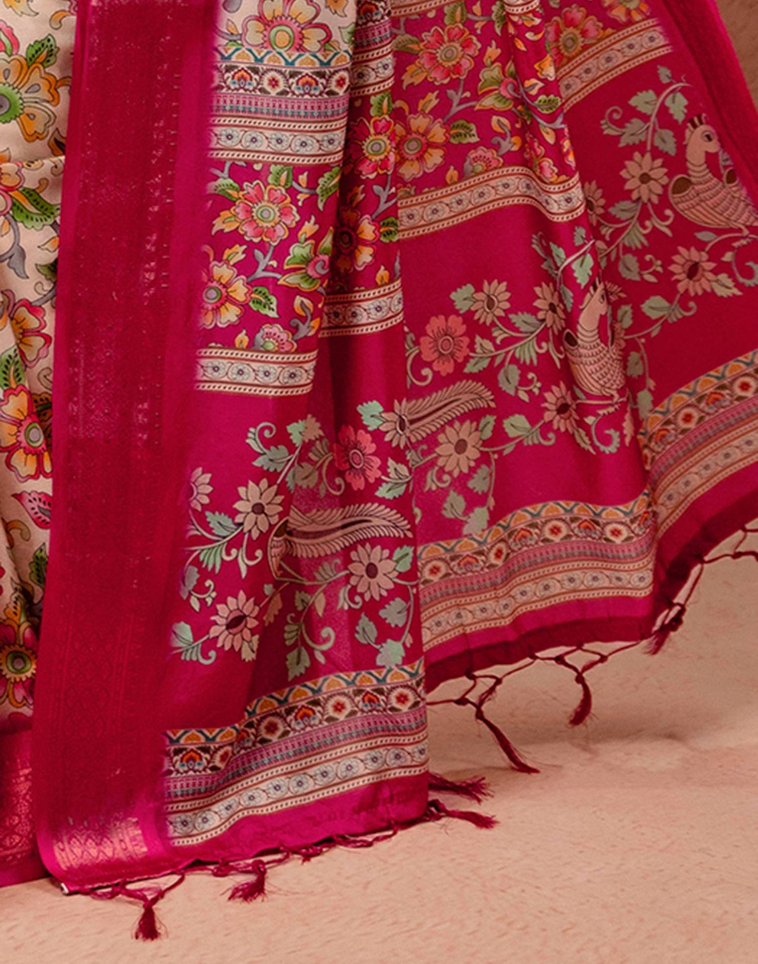 Beige Silk Kalamkari Printed Woven Border Saree