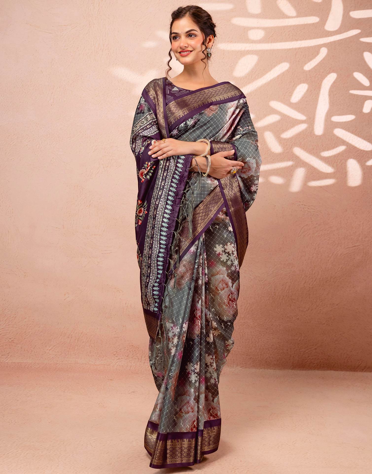 Dark Grey Silk Printed Woven Border Saree