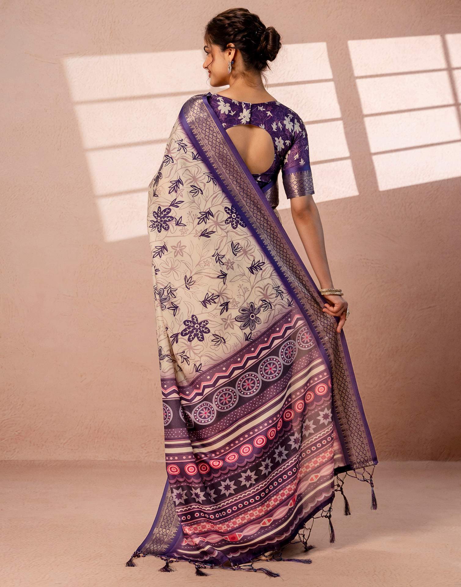 Dark Beige Silk Printed Woven Border Saree