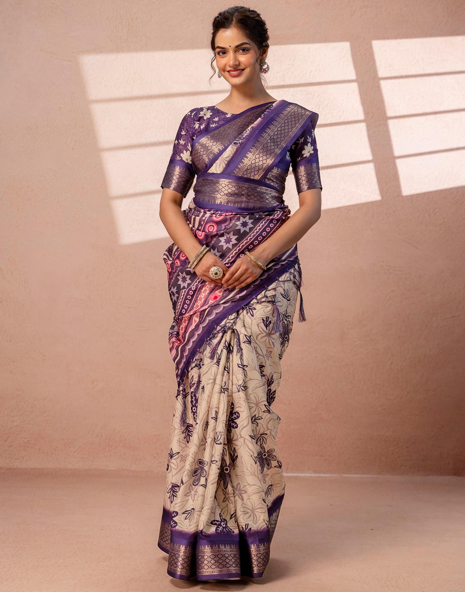 Dark Beige Silk Printed Woven Border Saree