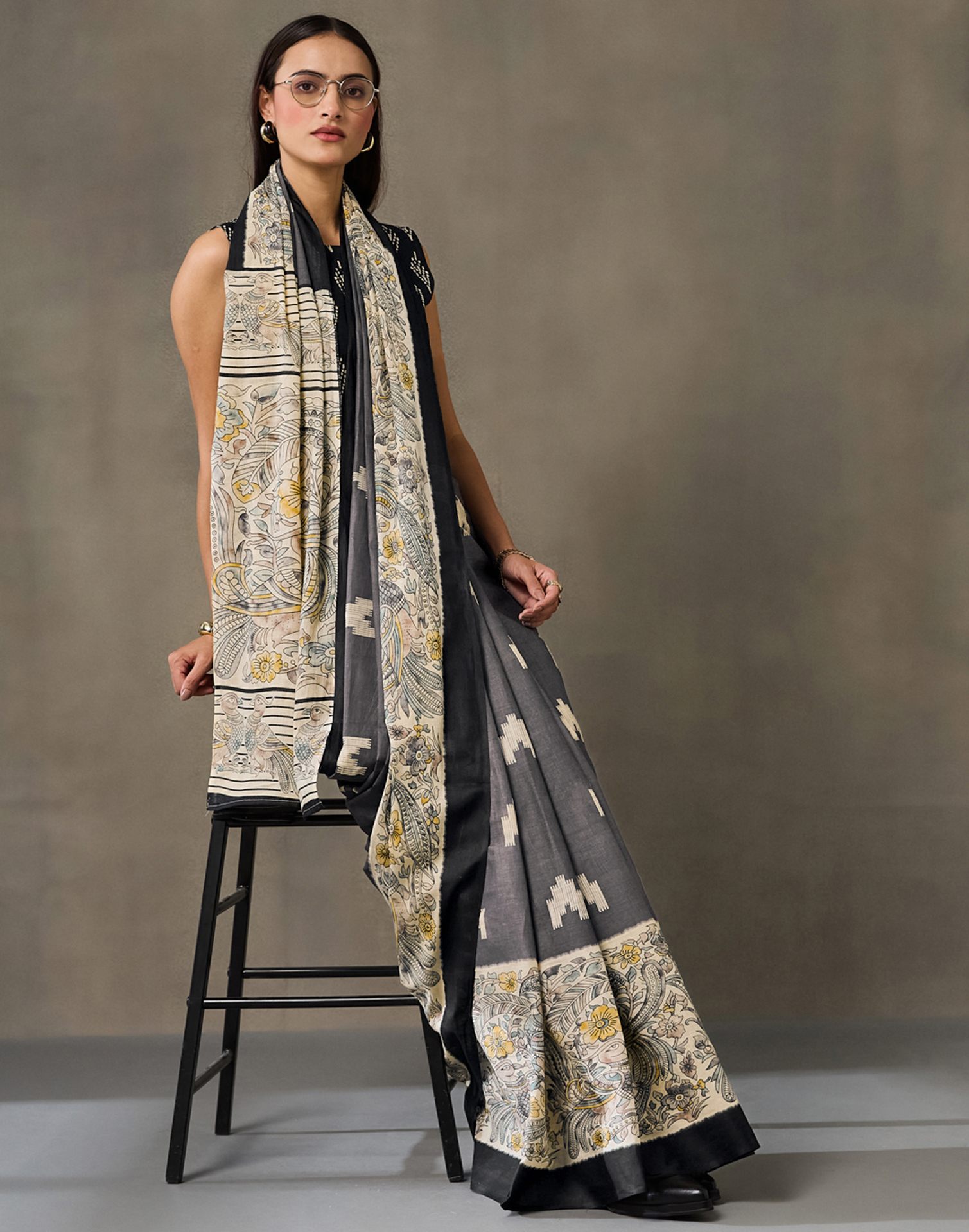 Dark Grey Cotton Printed Kalamkari Saree