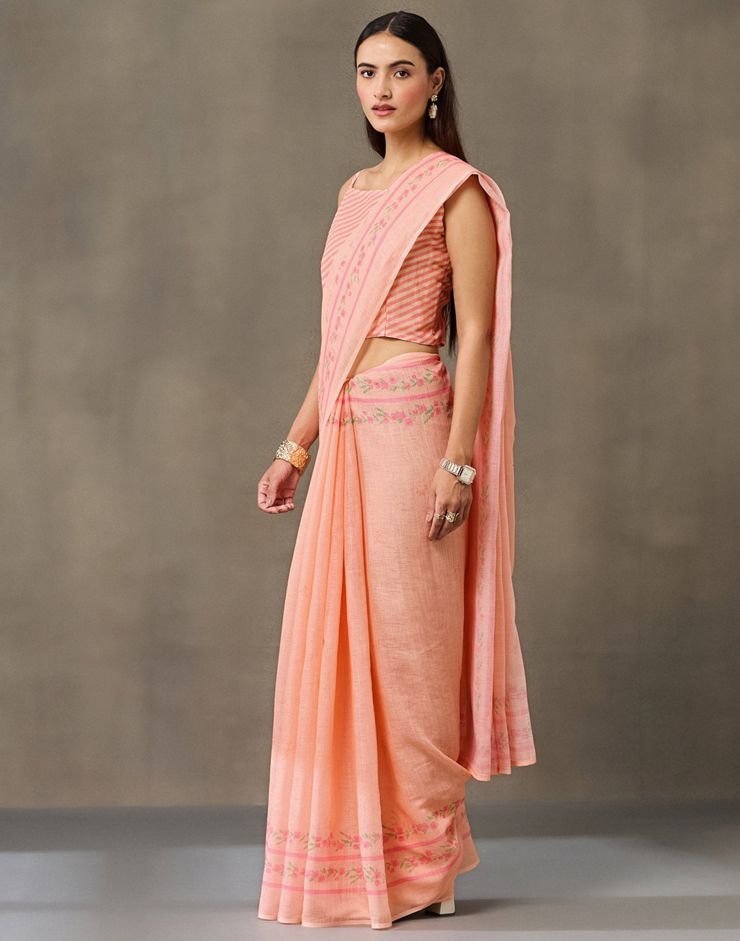 Peach Linen Printed Saree