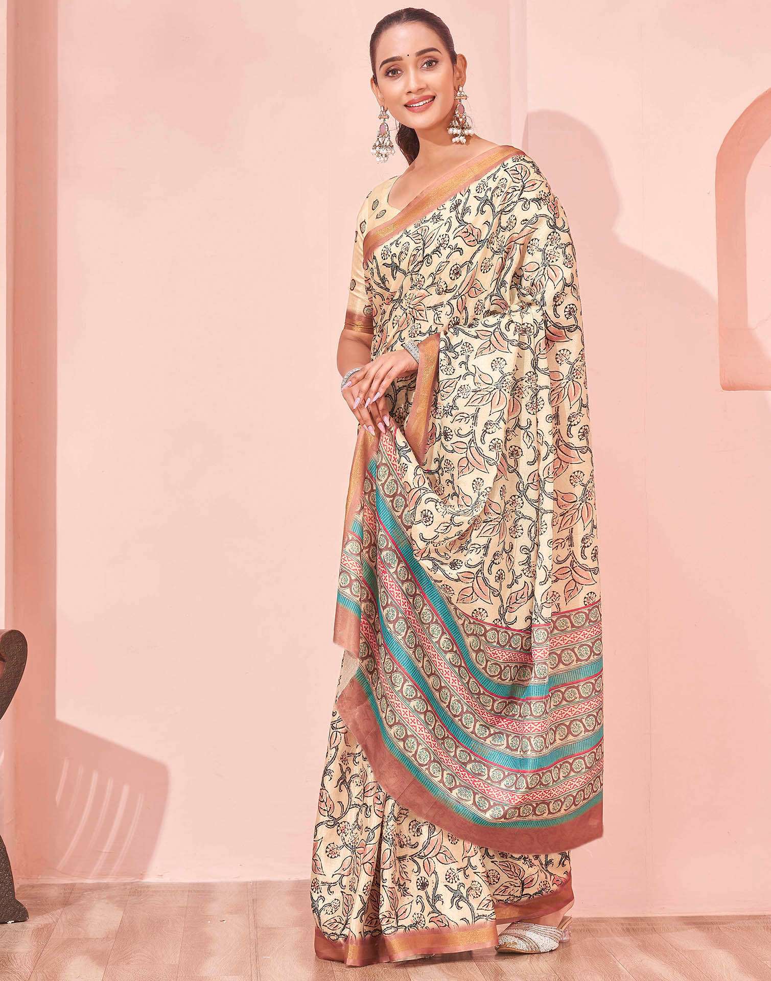 Beige Silk Printed Saree