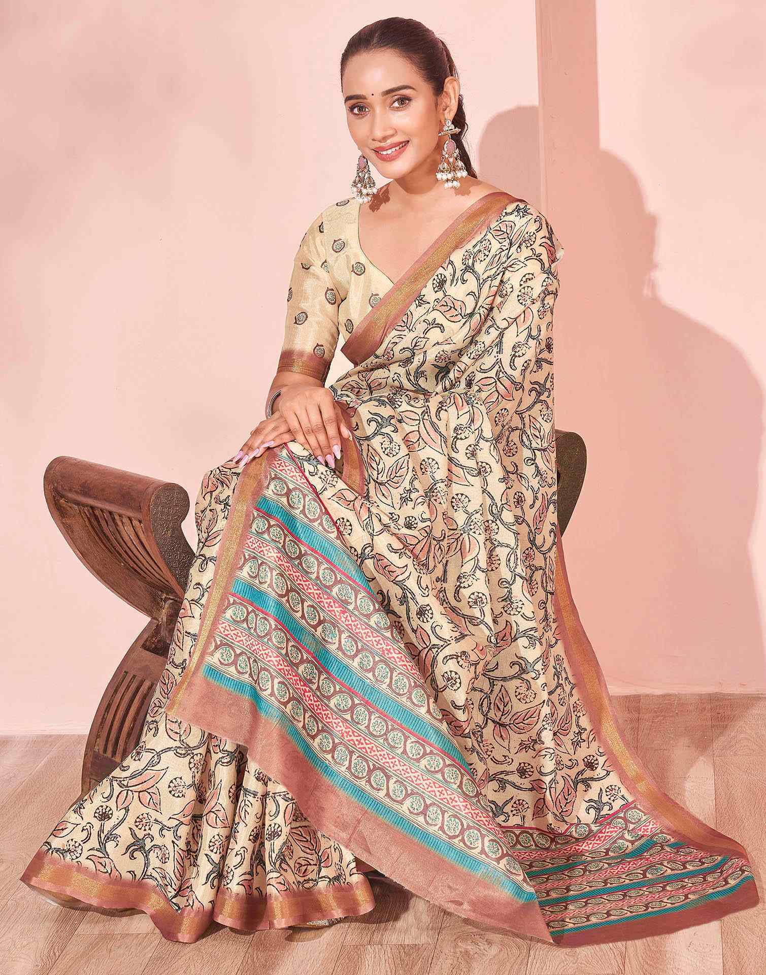 Beige Silk Printed Saree