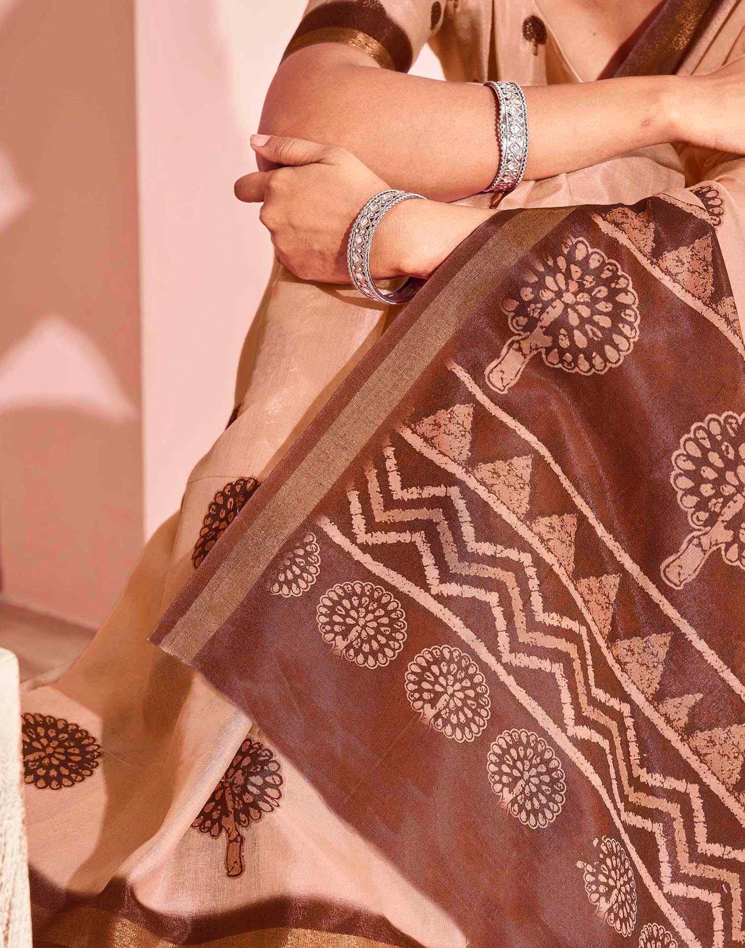 Light Peach Silk Printed Saree