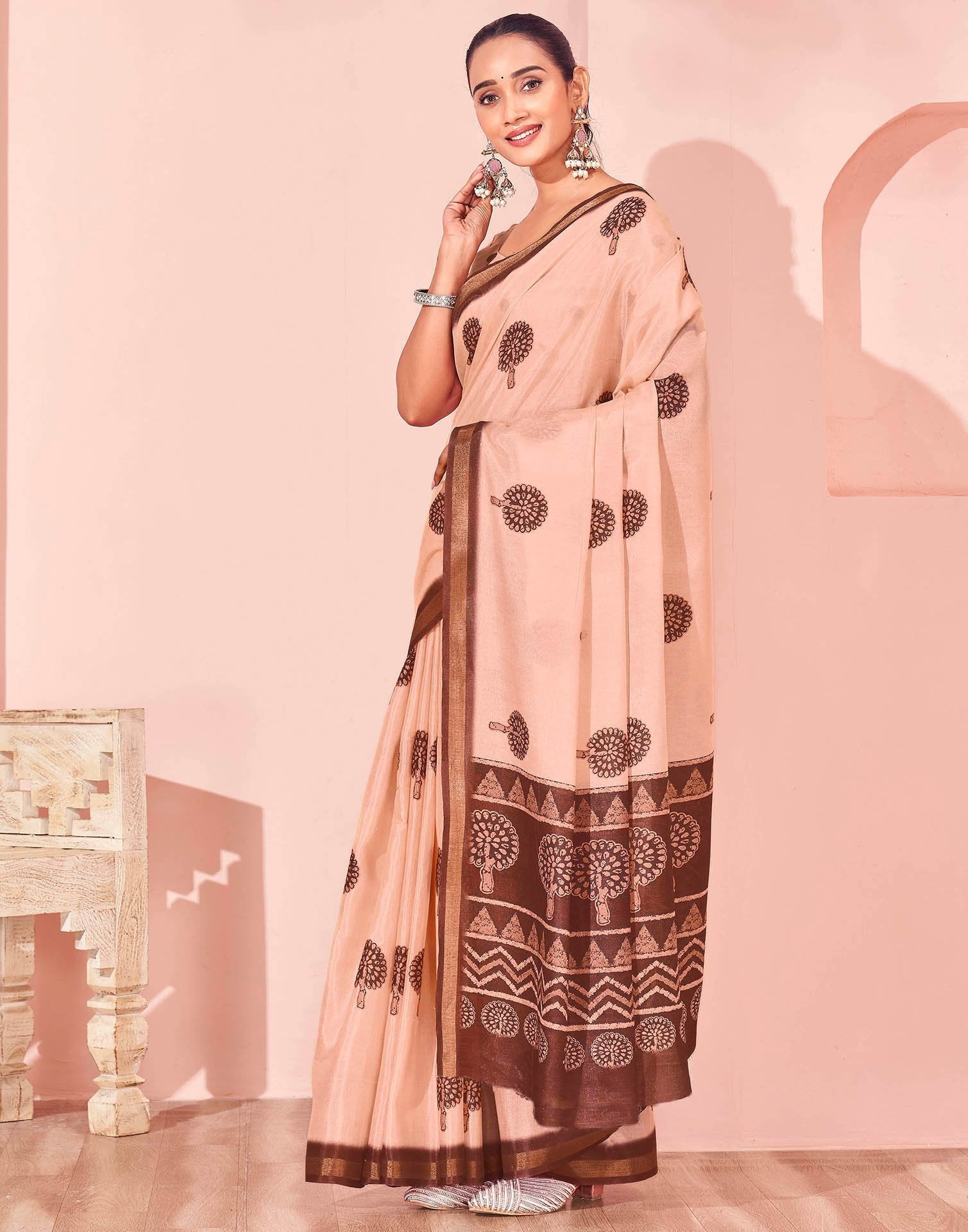 Light Peach Silk Printed Saree