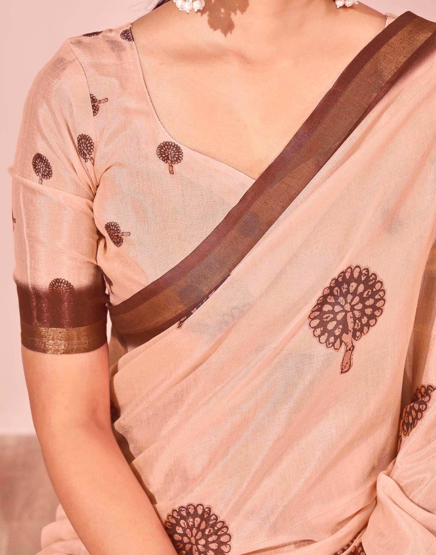 Light Peach Silk Printed Saree