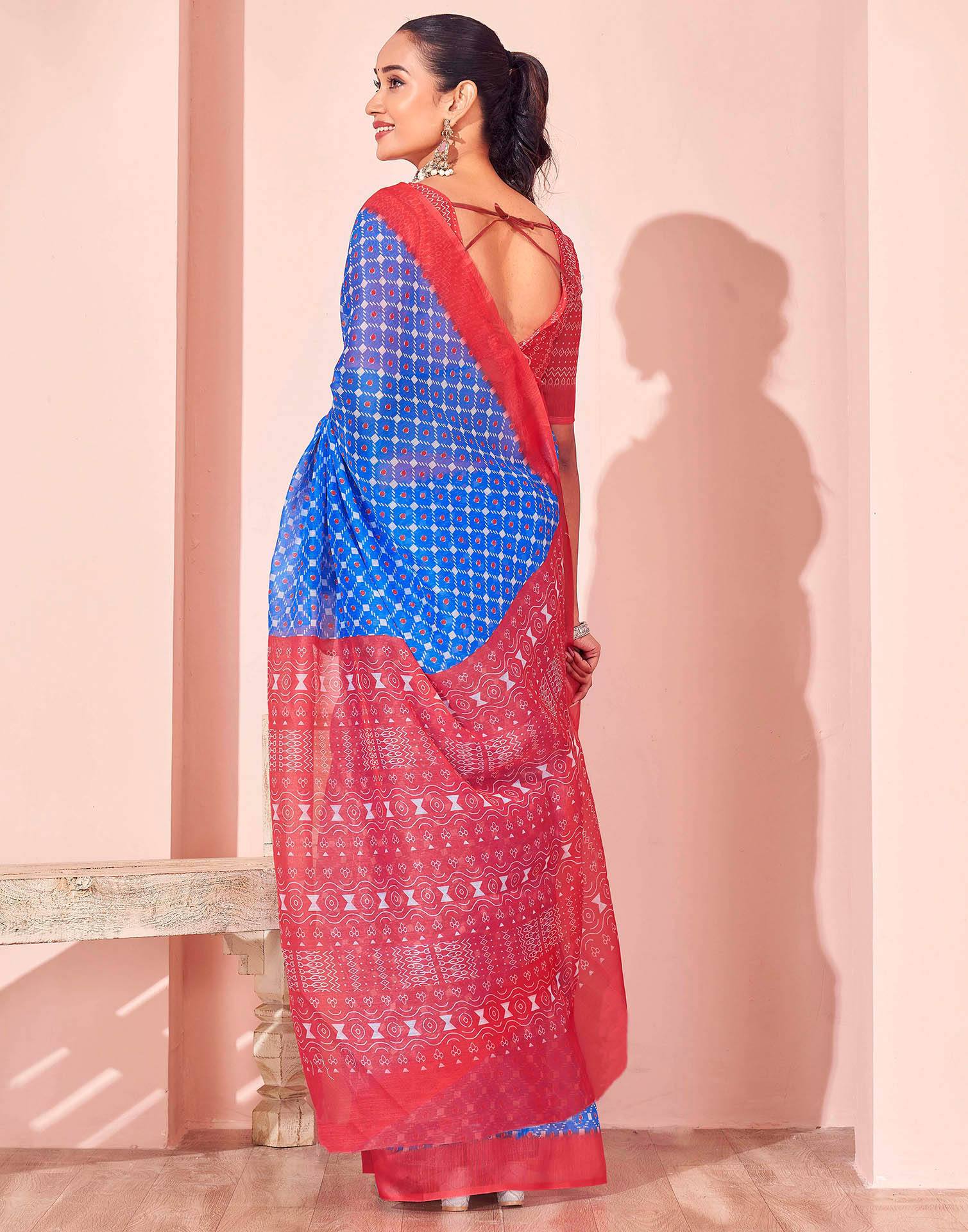Blue Chanderi Cotton Printed Saree